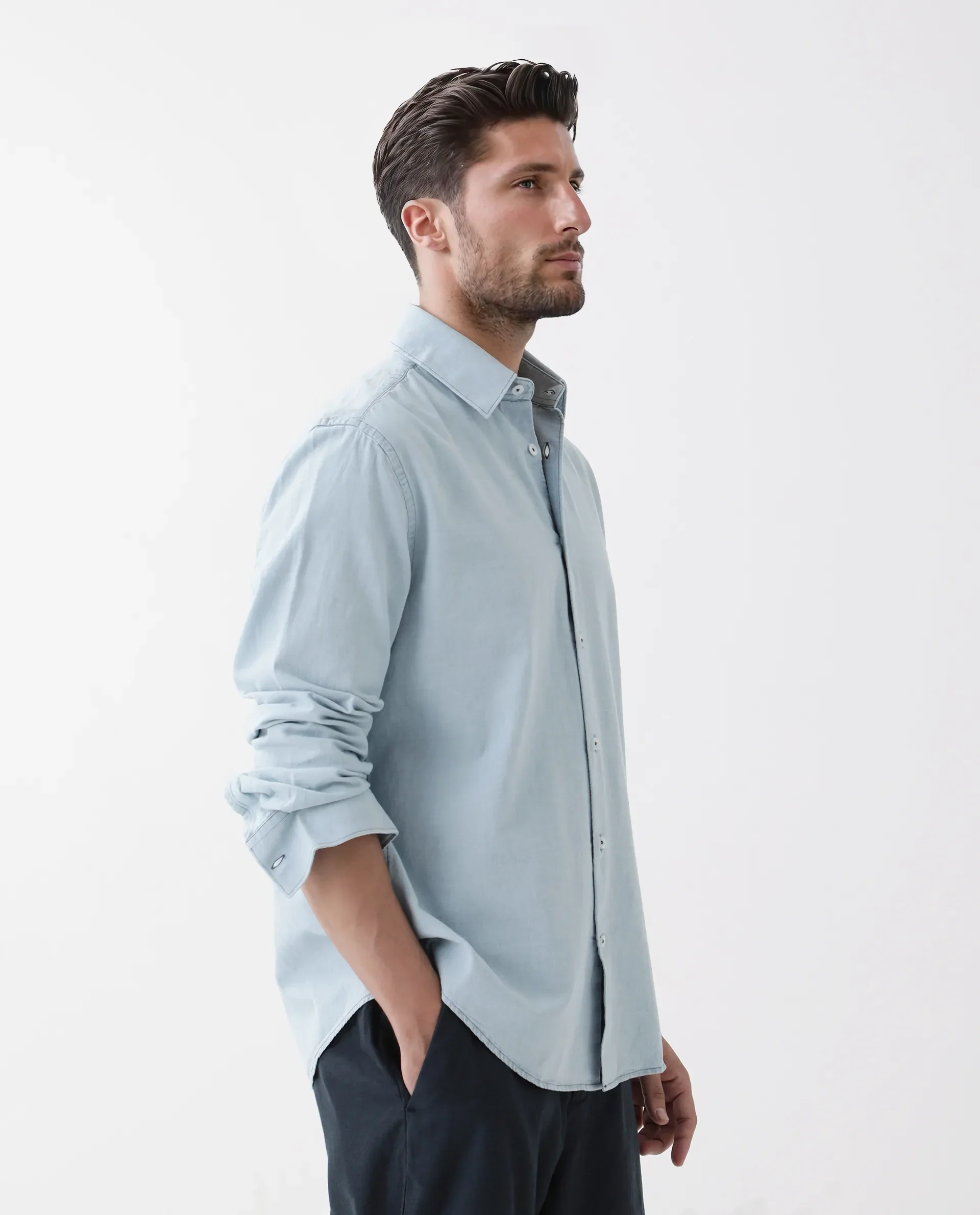 Rare Rabbit Men's Derry Blue Cotton Plain Regular Fit Full Sleeve Collared Shirt - Image 6