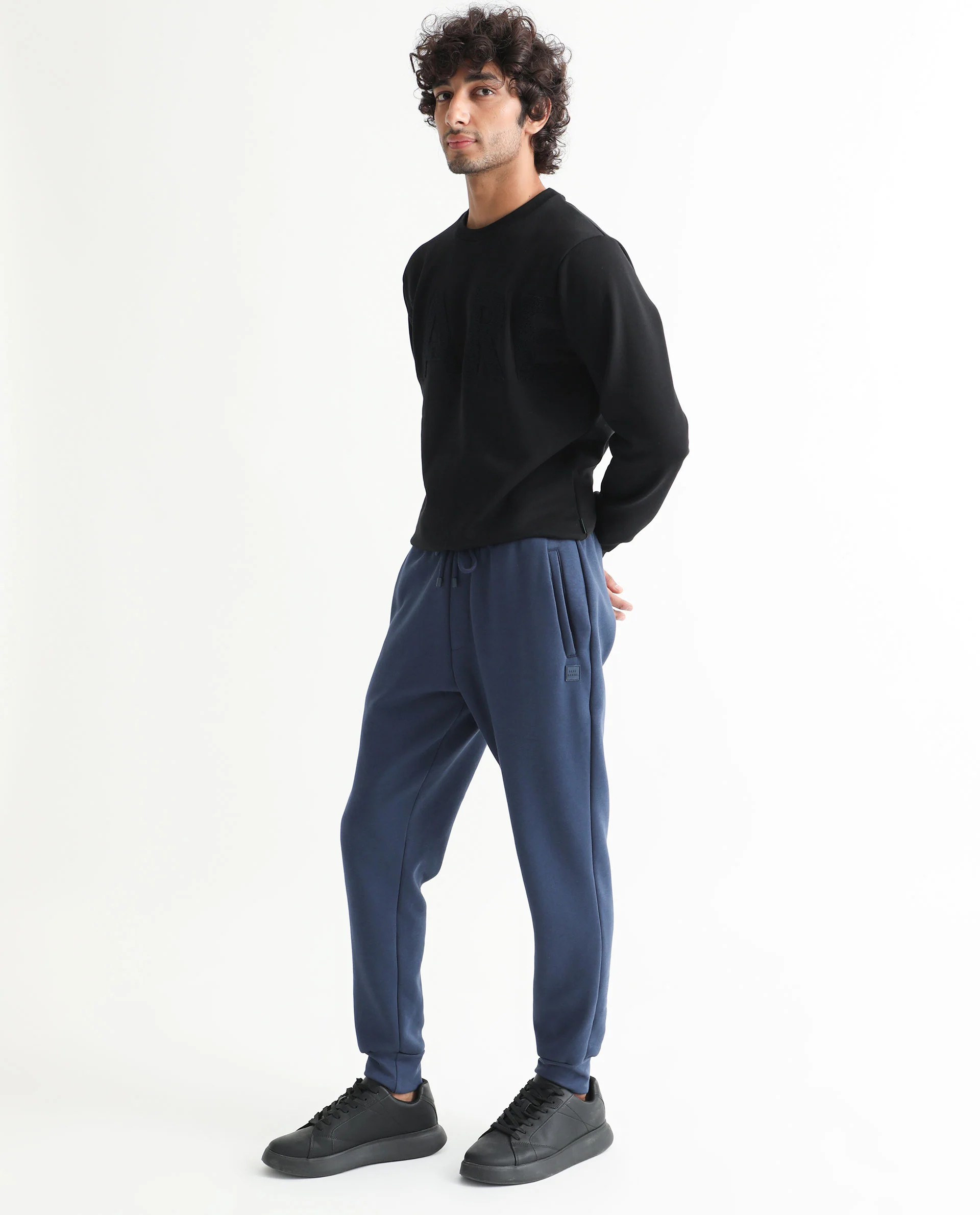 Rare Rabbit Men's Derry Dusky Blue Cotton Plain Regular Fit Joggers - Image 3