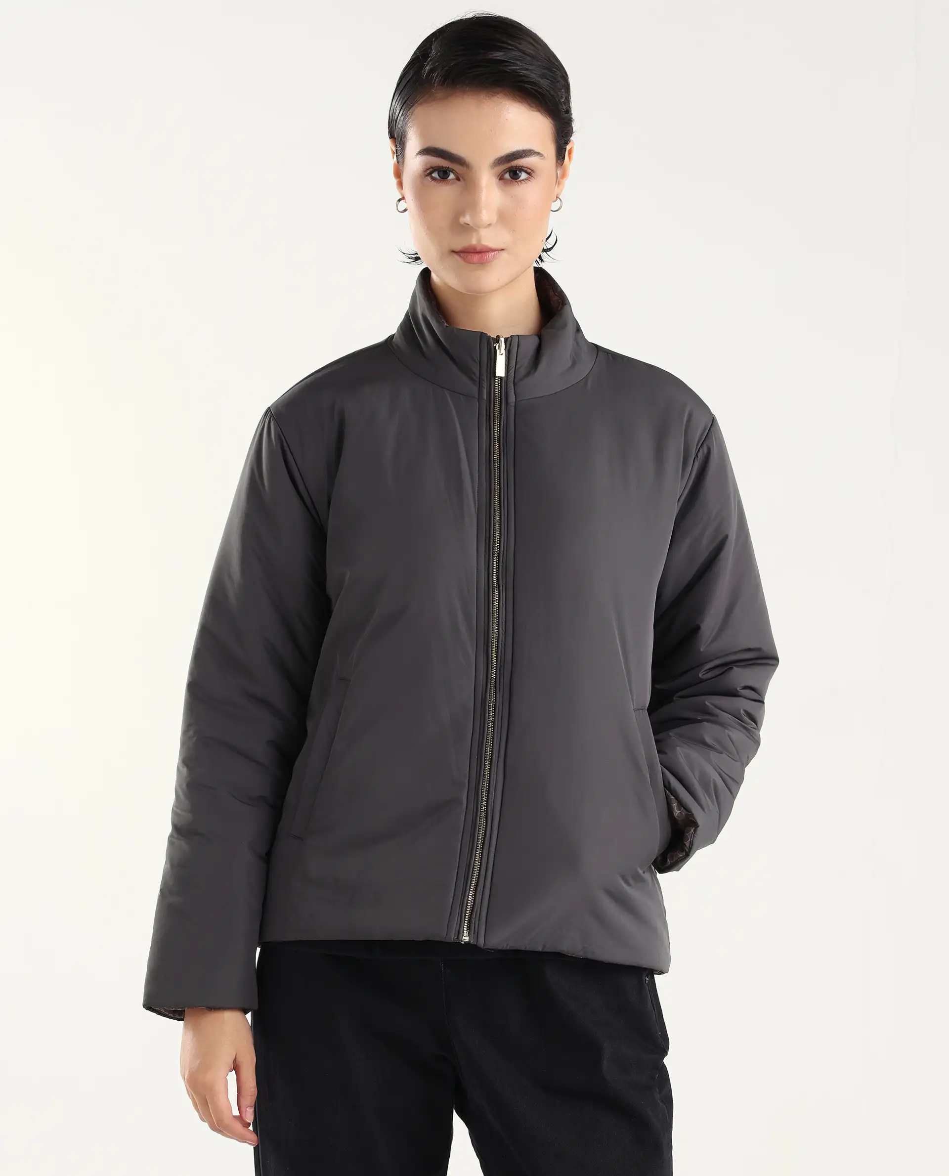 Rareism Women's Derry-W Olive Polyester Crew Neck Jacket Geometric Print Jacket - Image 3