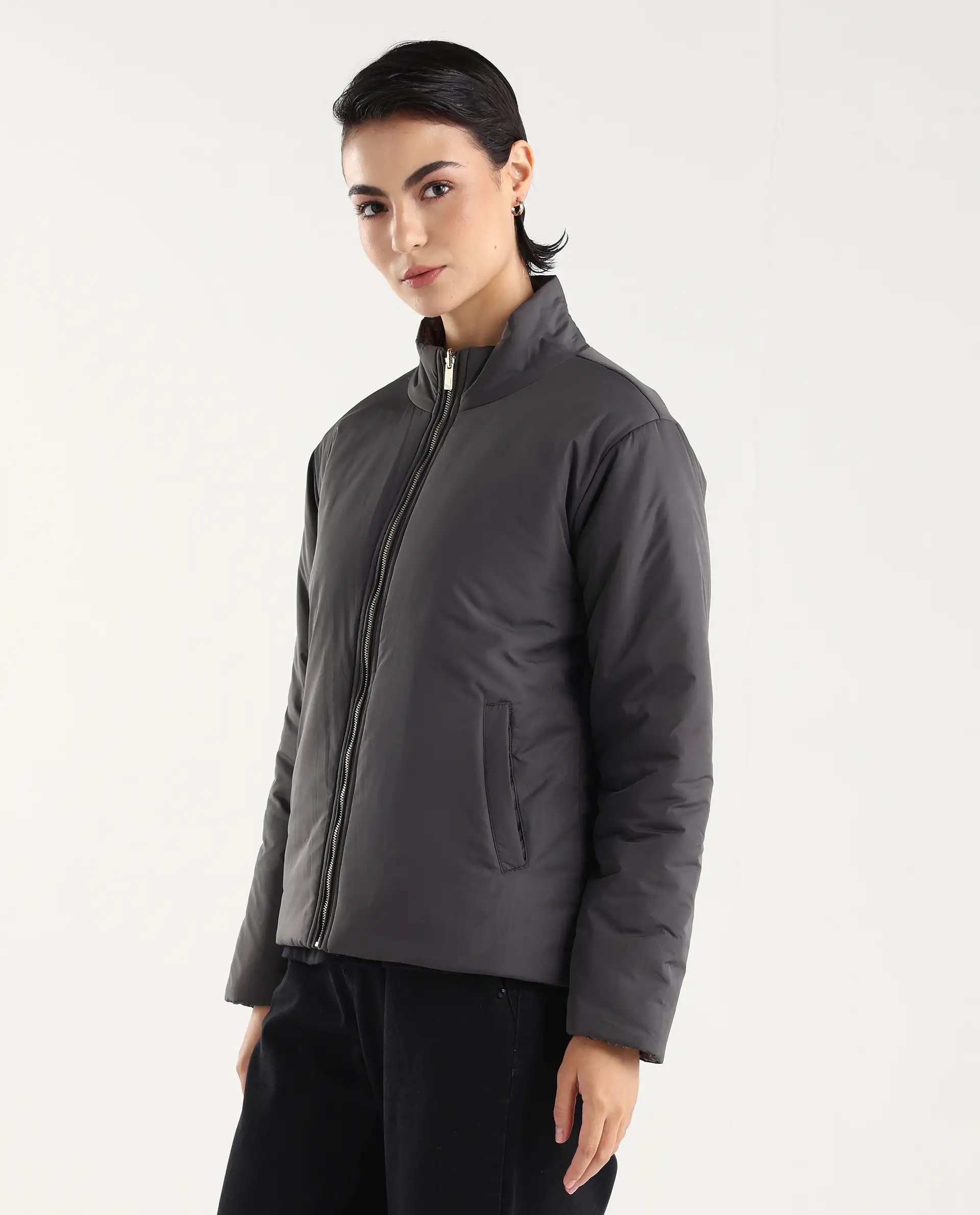 Rareism Women's Derry-W Olive Polyester Crew Neck Jacket Geometric Print Jacket - Image 5