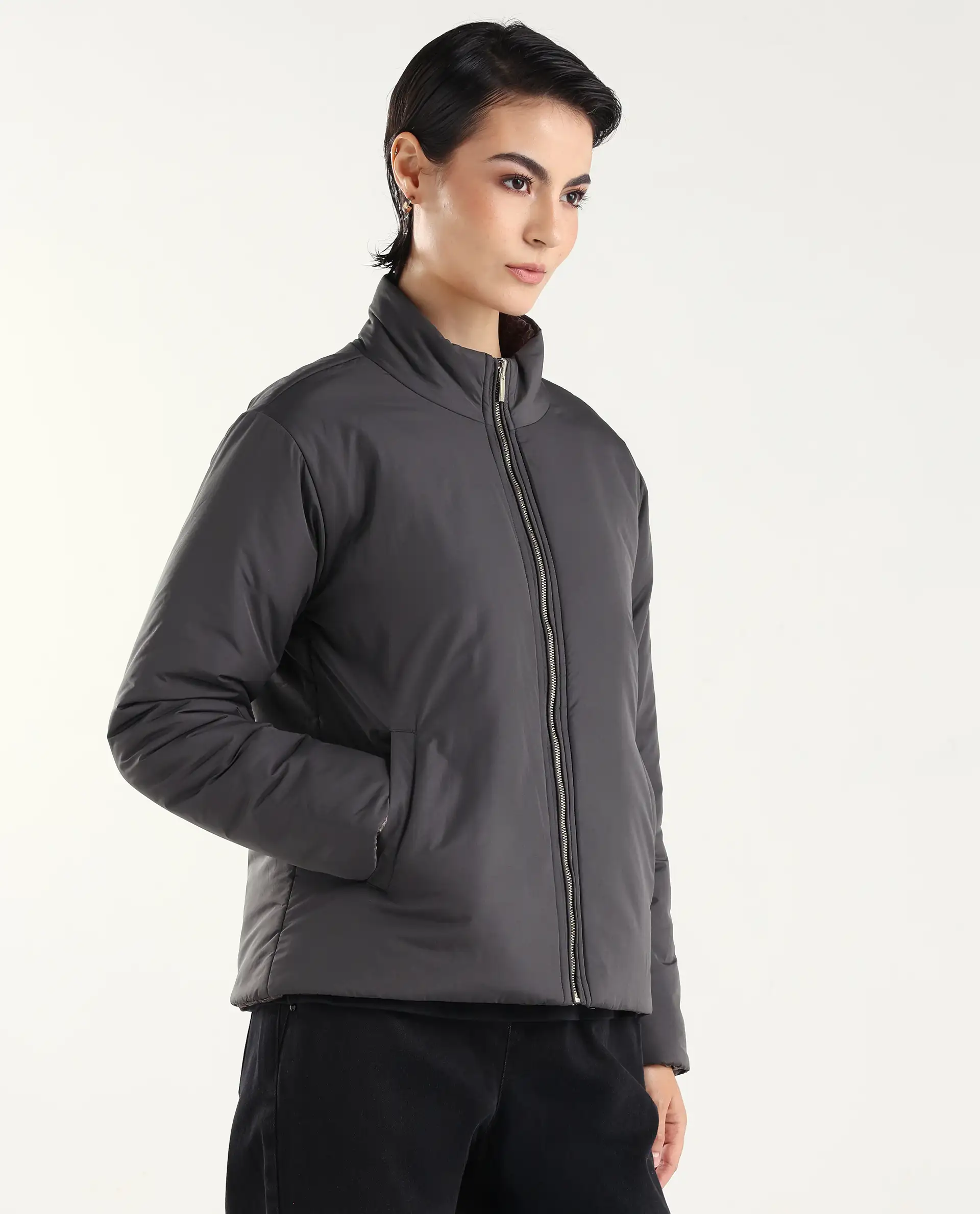 Rareism Women's Derry-W Olive Polyester Crew Neck Jacket Geometric Print Jacket - Image 6