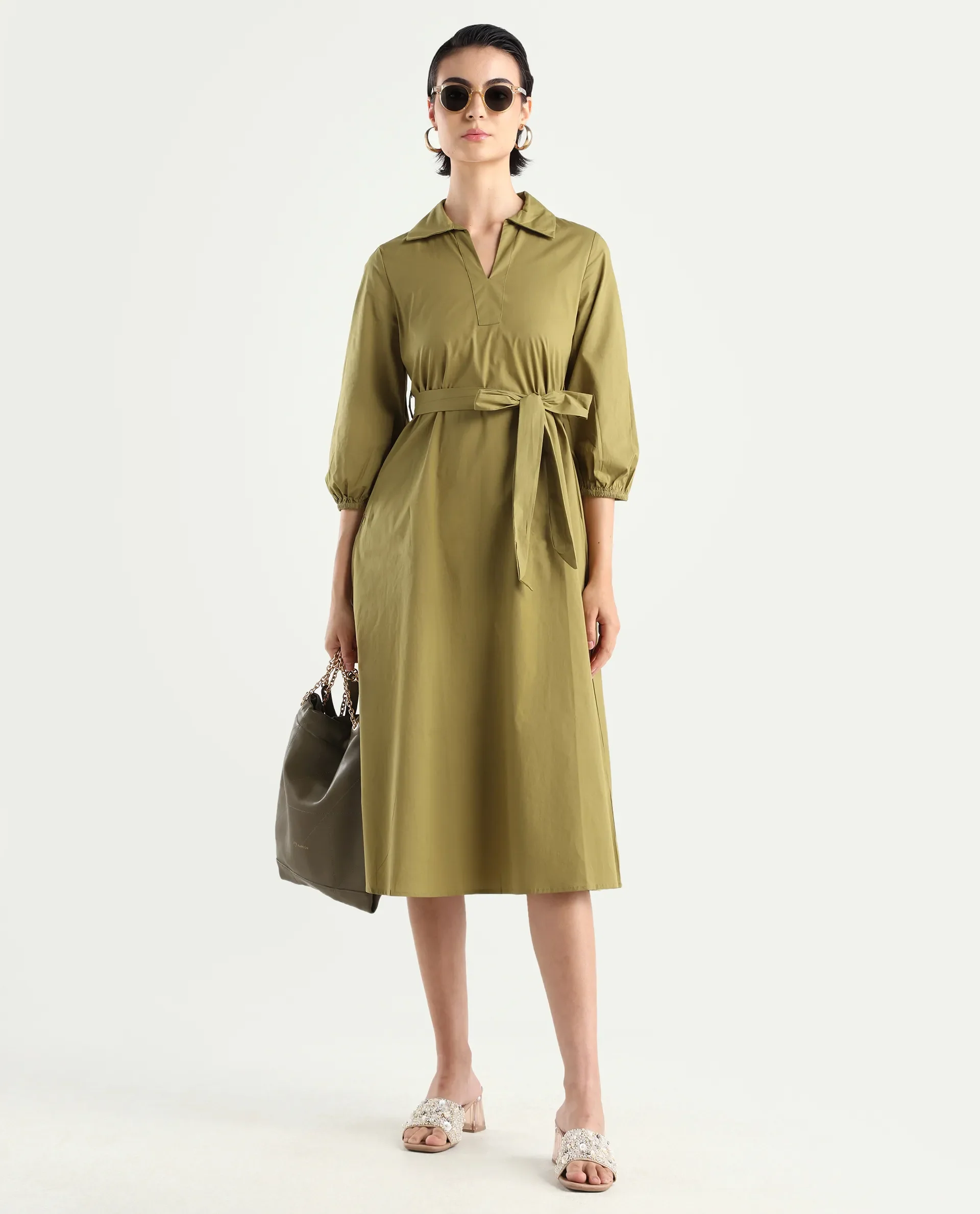 Rareism Women's Desal Olive Cotton Blend Drop Collar Plain Bishop Sleeve Midi Flared Dress - Image 2