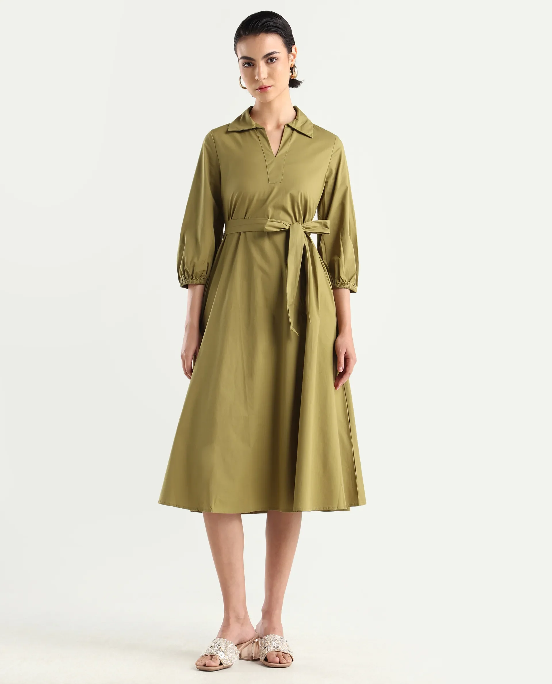 Rareism Women's Desal Olive Cotton Blend Drop Collar Plain Bishop Sleeve Midi Flared Dress - Image 3