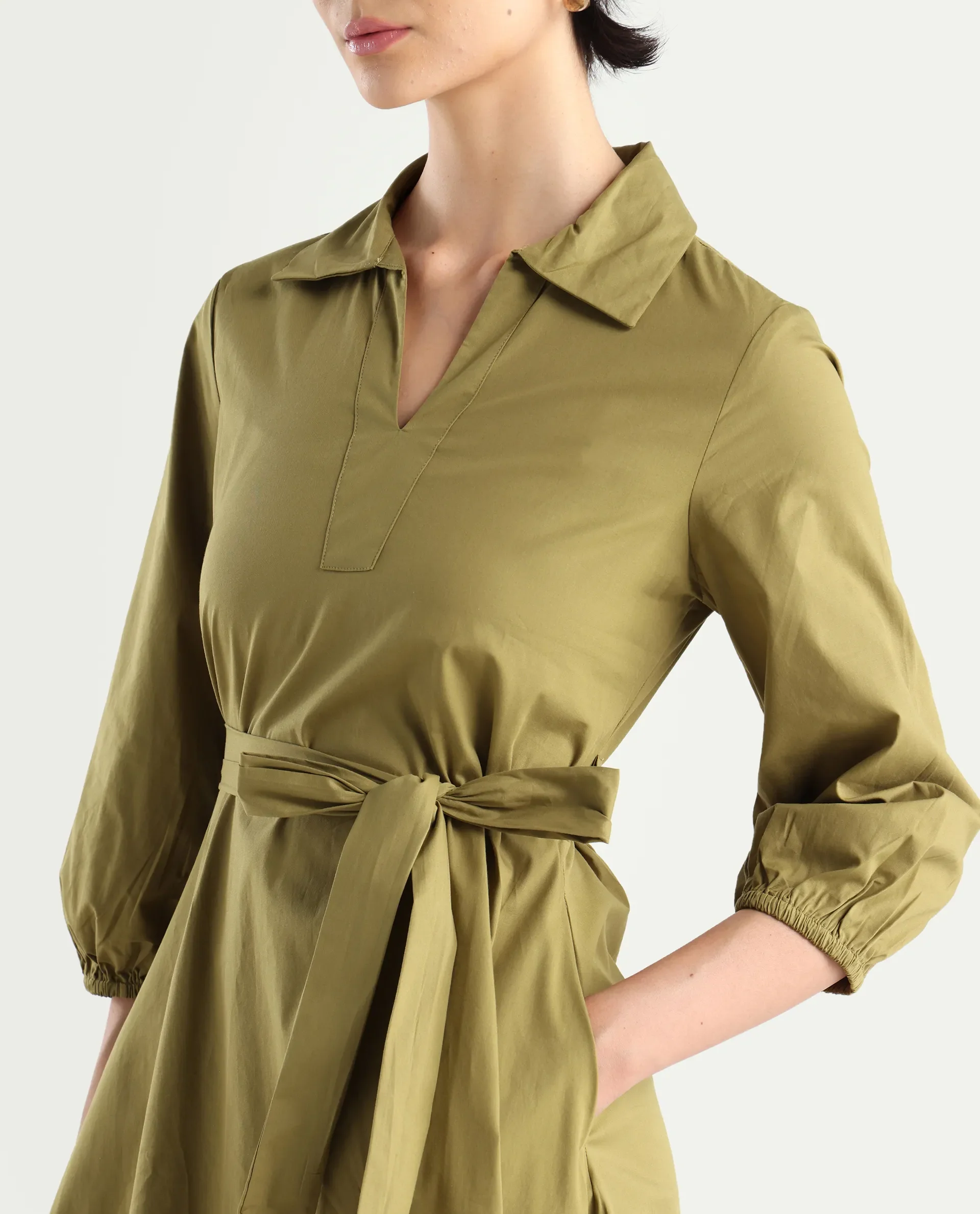 Rareism Women's Desal Olive Cotton Blend Drop Collar Plain Bishop Sleeve Midi Flared Dress - Image 4