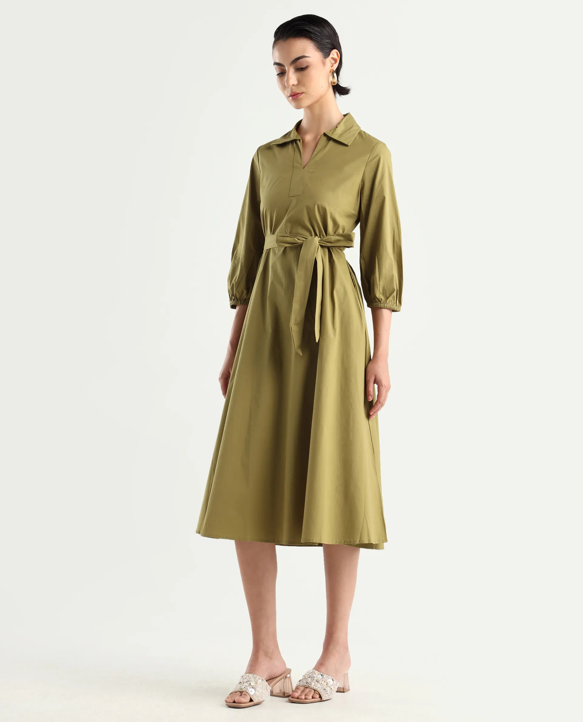 Rareism Women's Desal Olive Cotton Blend Drop Collar Plain Bishop Sleeve Midi Flared Dress - Image 5
