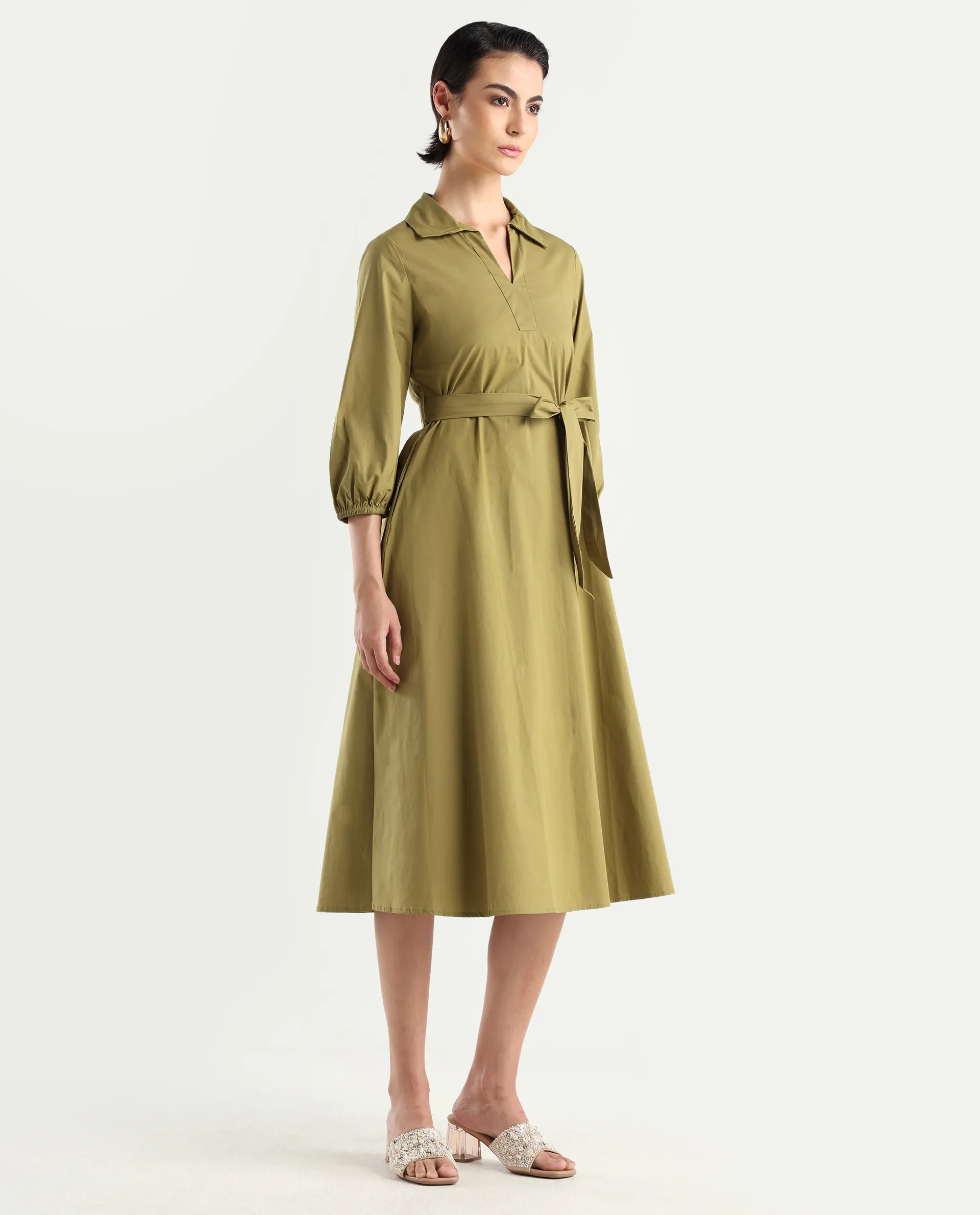 Rareism Women's Desal Olive Cotton Blend Drop Collar Plain Bishop Sleeve Midi Flared Dress - Image 6