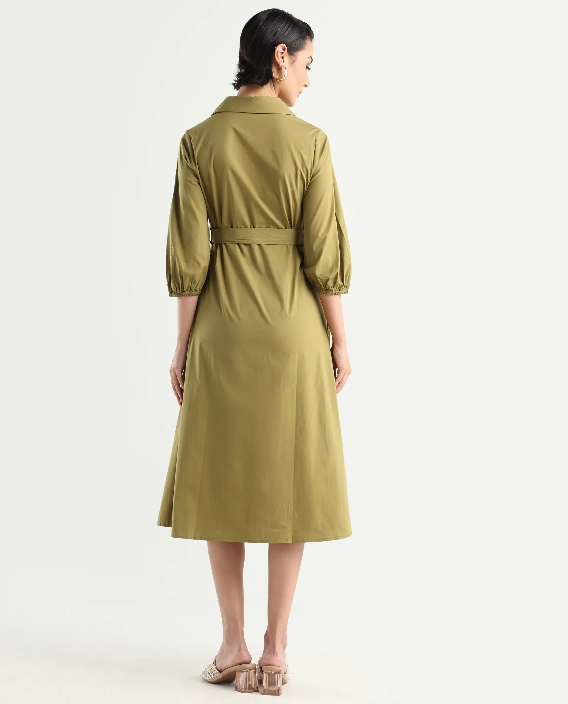 Rareism Women's Desal Olive Cotton Blend Drop Collar Plain Bishop Sleeve Midi Flared Dress - Image 7