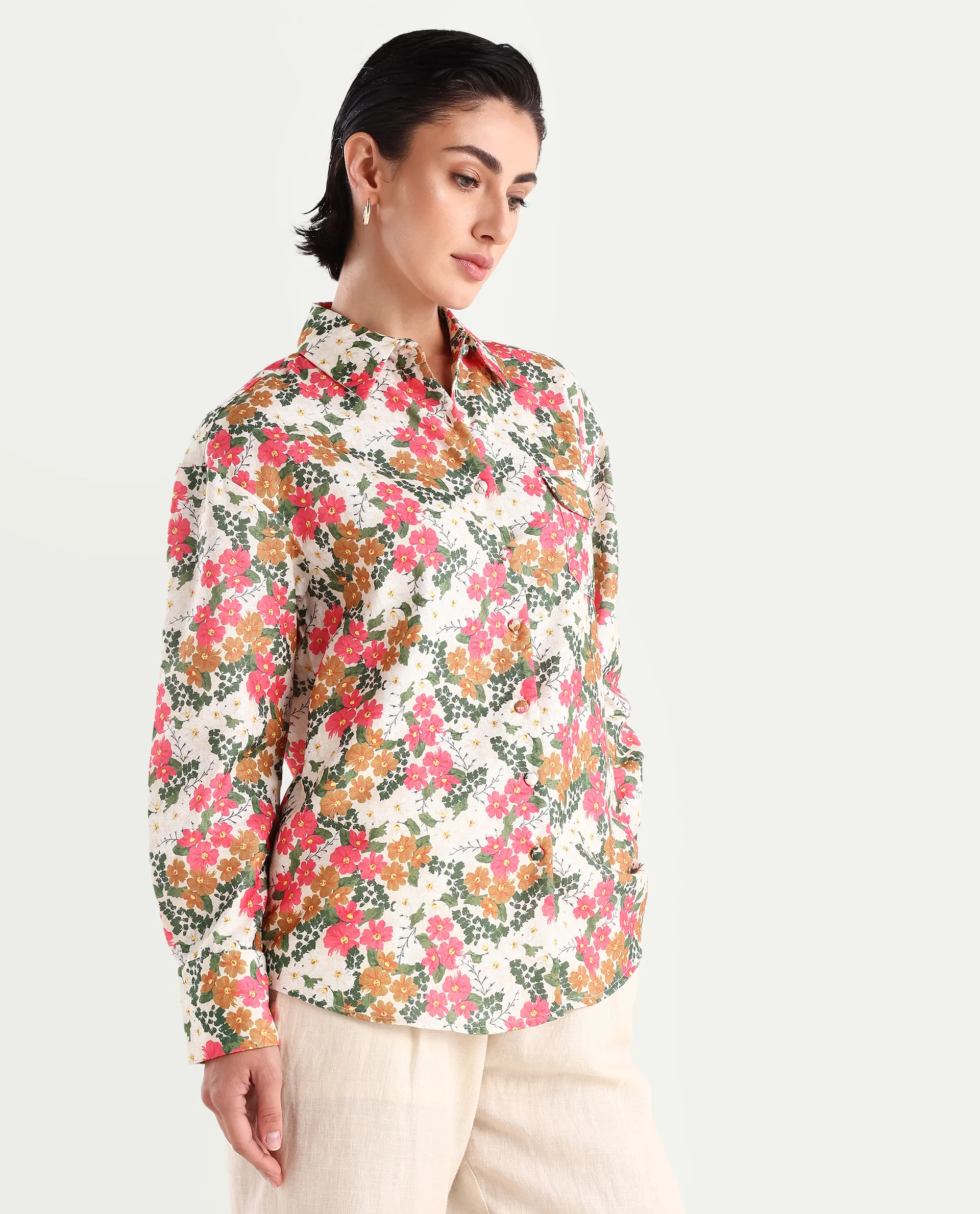 Rareism Women's Desantis Multi Polyester Spread Collar Floral Print Cuffed Sleeve Regular Fit Shirt - Image 6