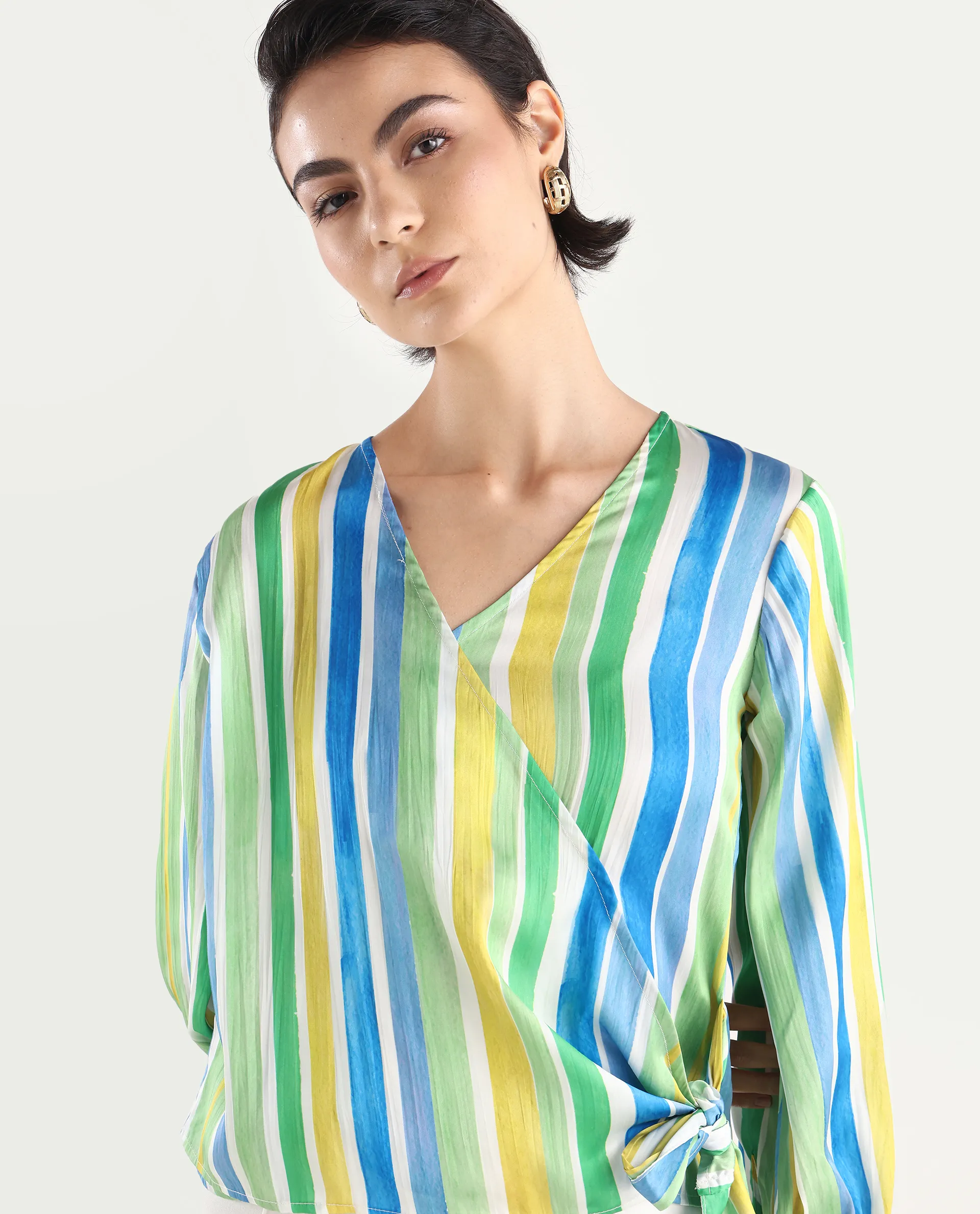 Rareism Women's Dessa Multi Overlap Neck Striped Cuffed Sleeve Regular Fit Top - Image 3