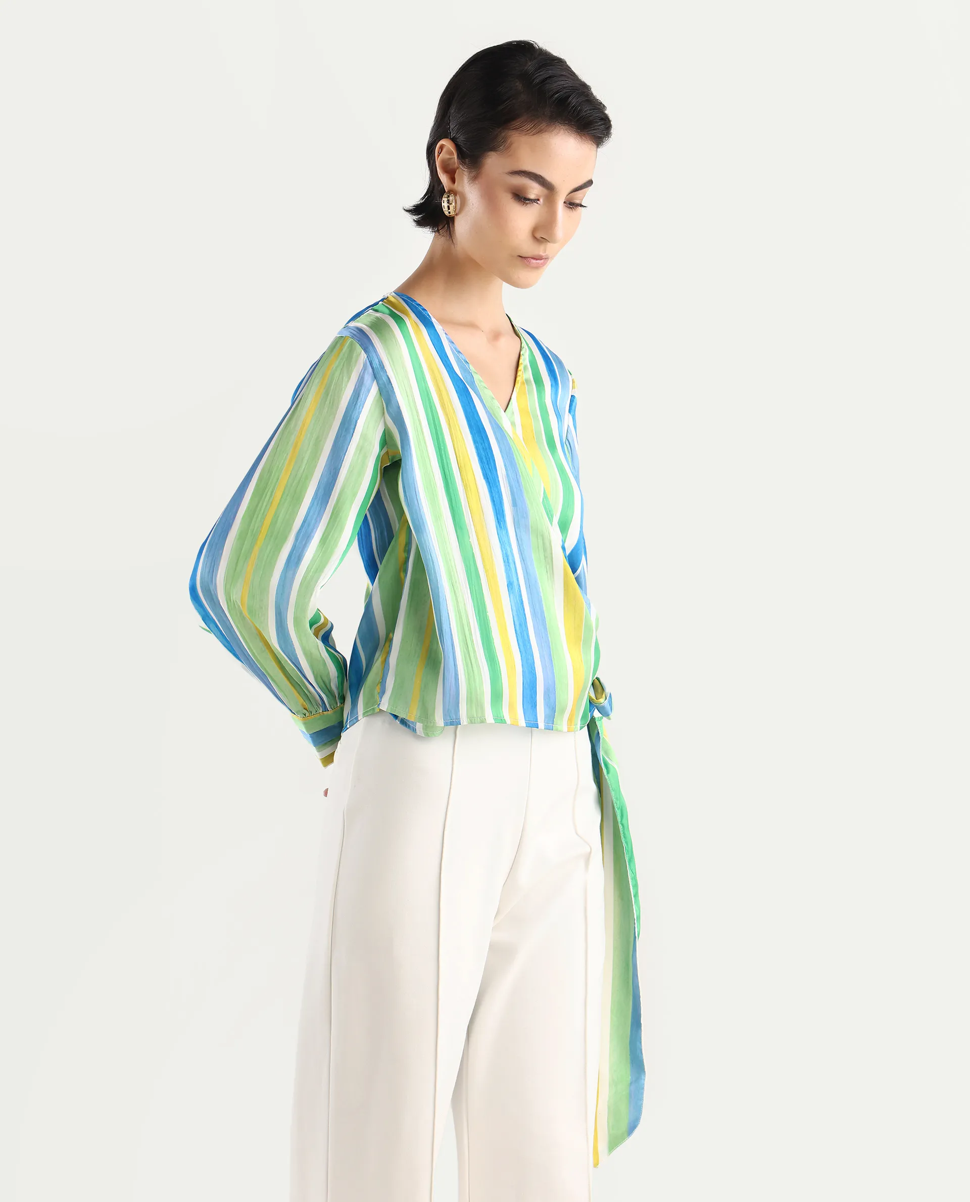 Rareism Women's Dessa Multi Overlap Neck Striped Cuffed Sleeve Regular Fit Top - Image 6