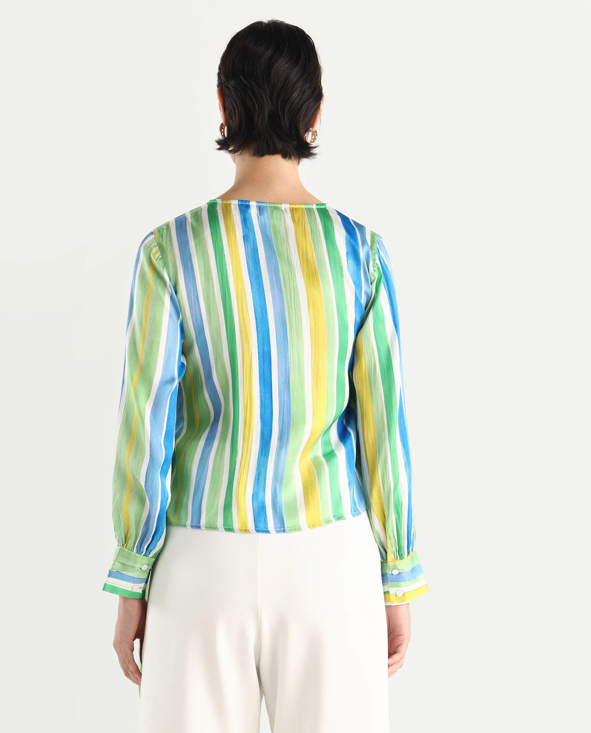 Rareism Women's Dessa Multi Overlap Neck Striped Cuffed Sleeve Regular Fit Top - Image 7