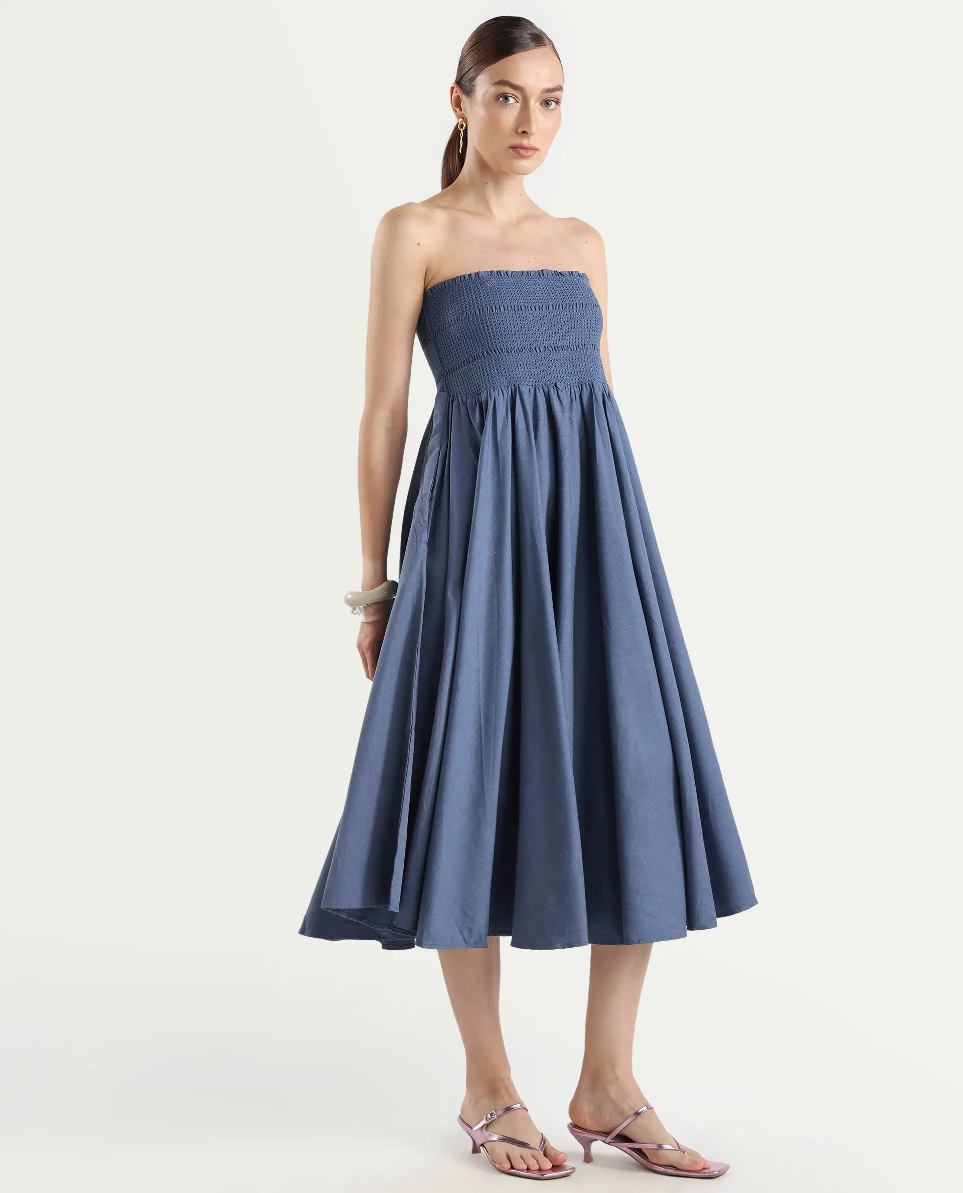 Rareism Women's Detreve Dark Blue Polyester Shoulder Strap Plain Sleeveless Midi Fit And Flare Dress - Image 8