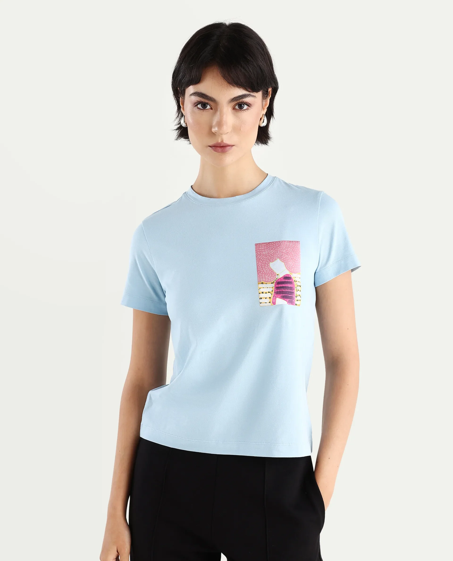 Rareism Women's Detti Light Blue Cotton Blend Crew Neck Graphic Print Regular Fit T-Shirt - Image 3