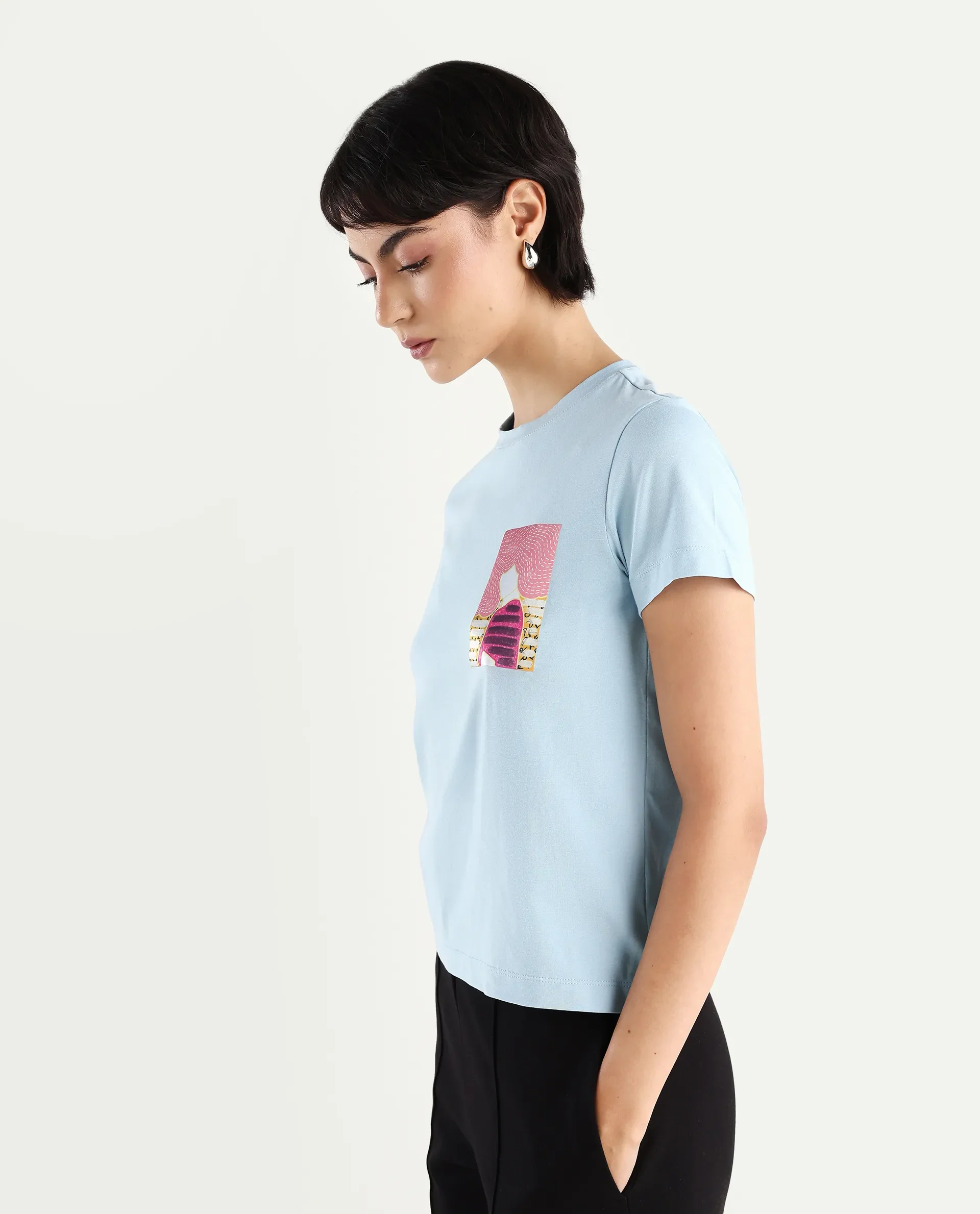 Rareism Women's Detti Light Blue Cotton Blend Crew Neck Graphic Print Regular Fit T-Shirt - Image 4