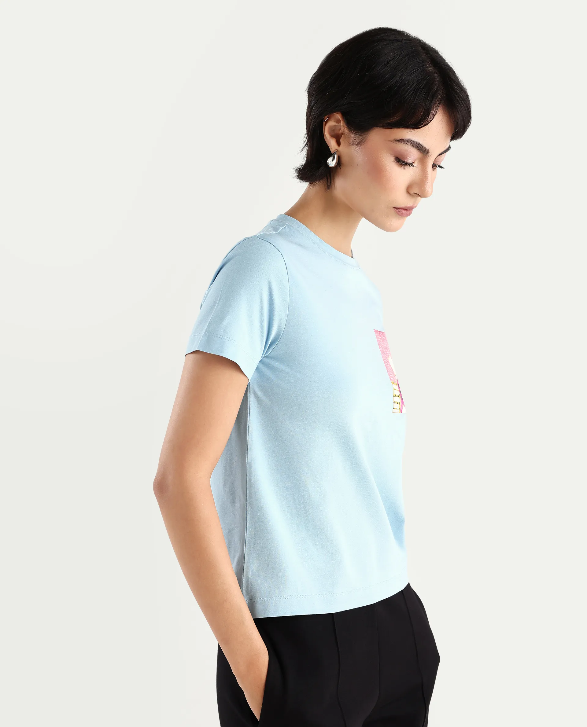 Rareism Women's Detti Light Blue Cotton Blend Crew Neck Graphic Print Regular Fit T-Shirt - Image 5