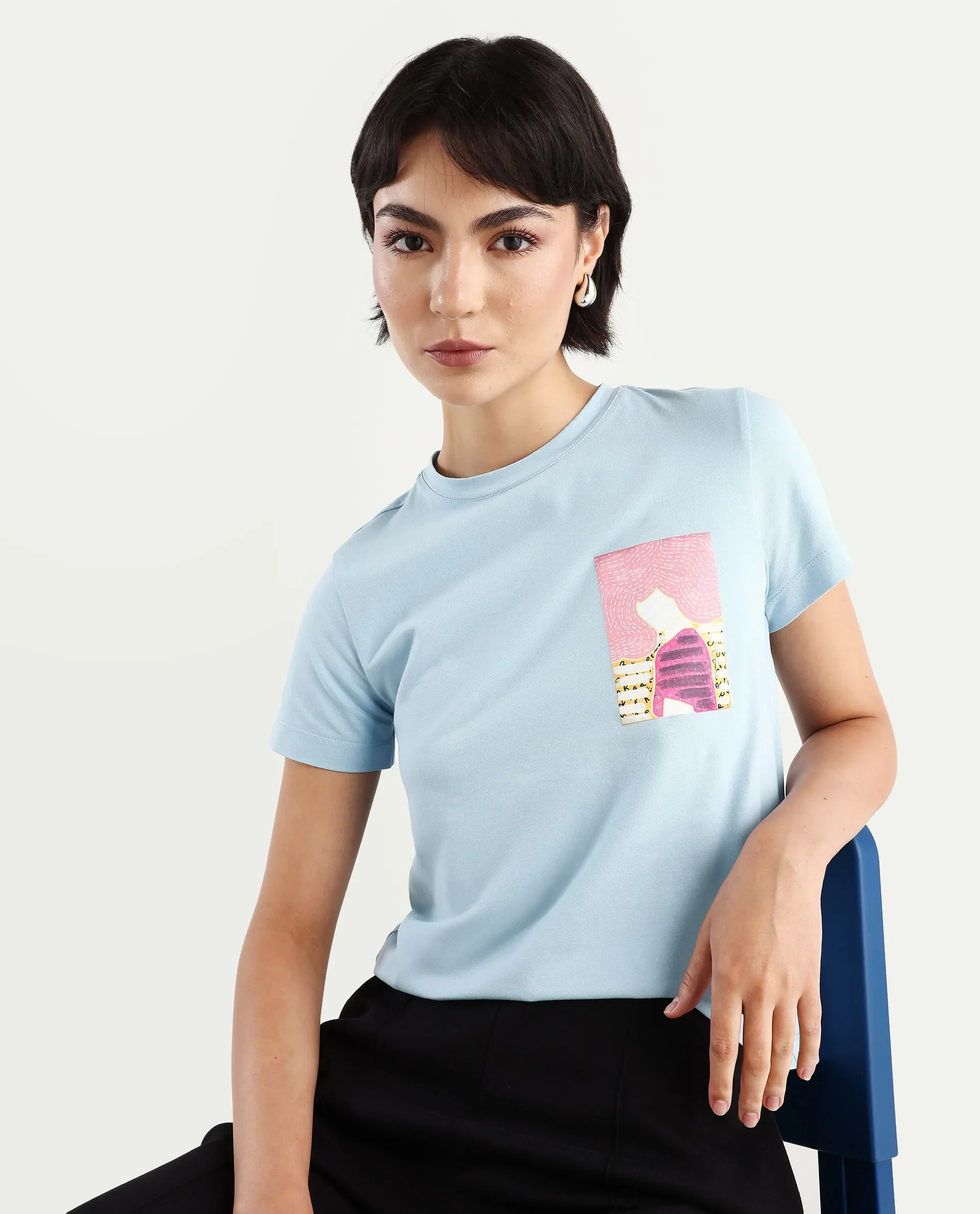 Rareism Women's Detti Light Blue Cotton Blend Crew Neck Graphic Print Regular Fit T-Shirt - Image 6