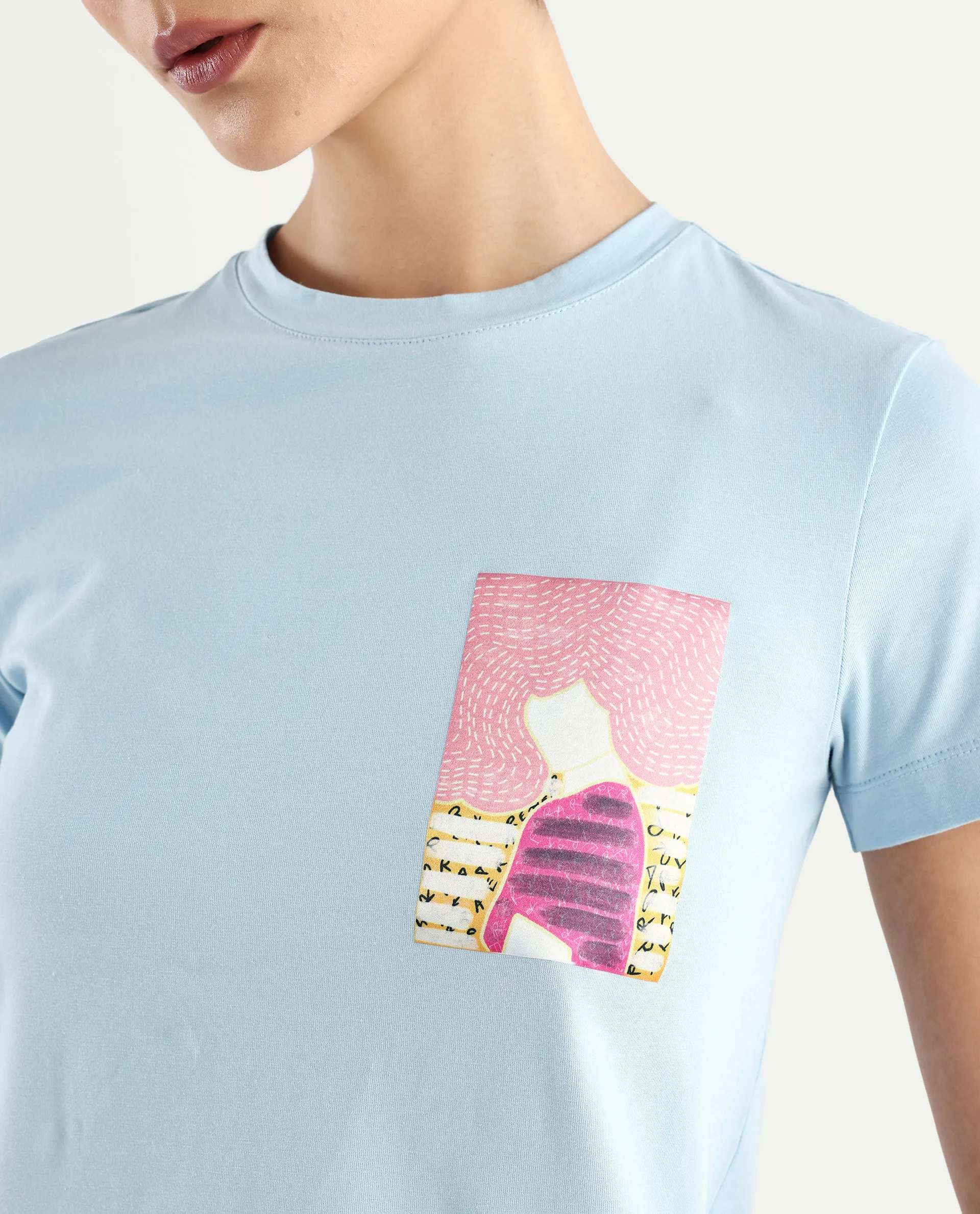 Rareism Women's Detti Light Blue Cotton Blend Crew Neck Graphic Print Regular Fit T-Shirt - Image 7