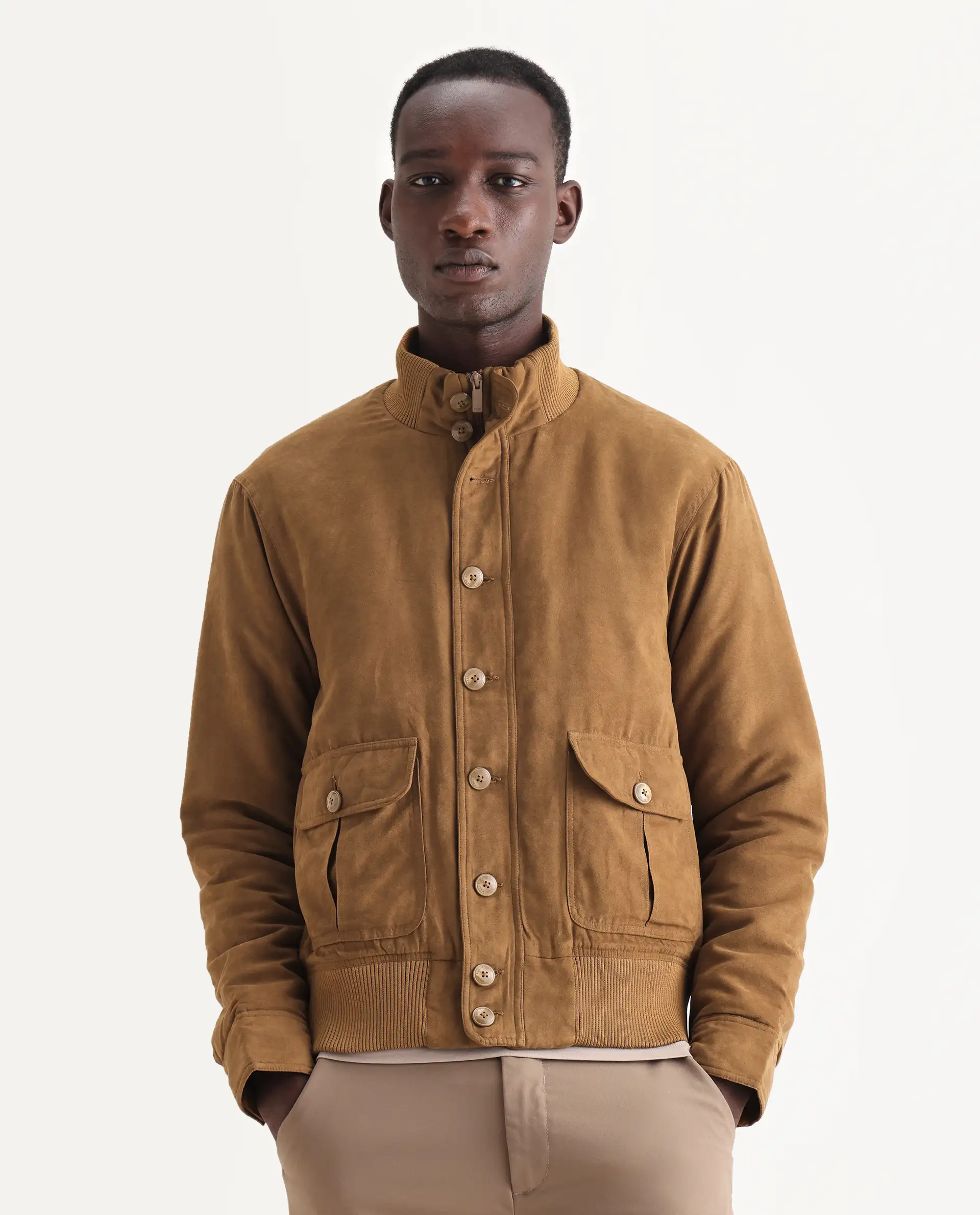 Rare Rabbit Men's Deue Brown Polyester Plain Regular Fit Full Sleeve Ribbed Collar Jacket - Image 4