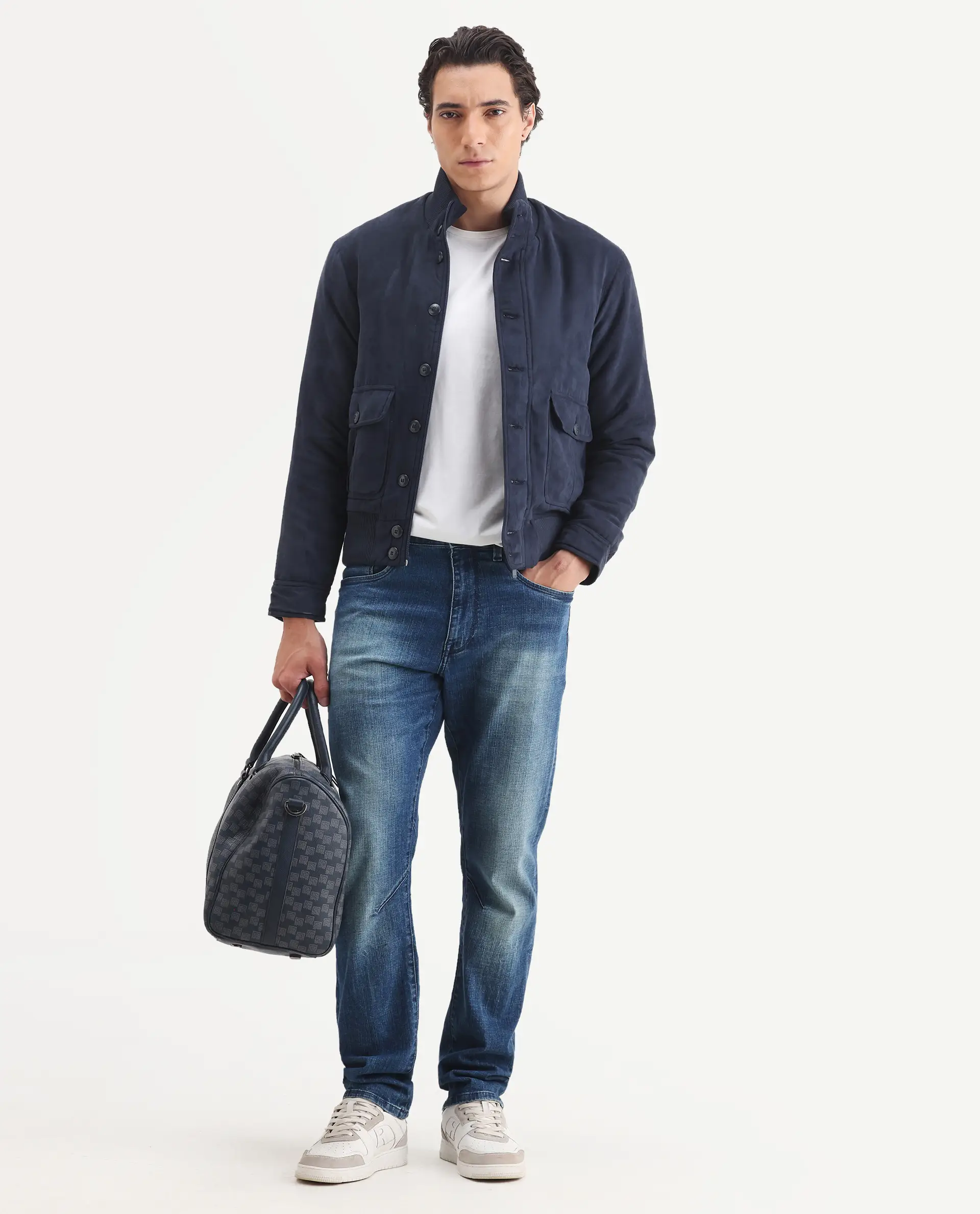 Rare Rabbit Men's Deue Navy Polyester Plain Regular Fit Full Sleeve Ribbed Collar Jacket - Image 2