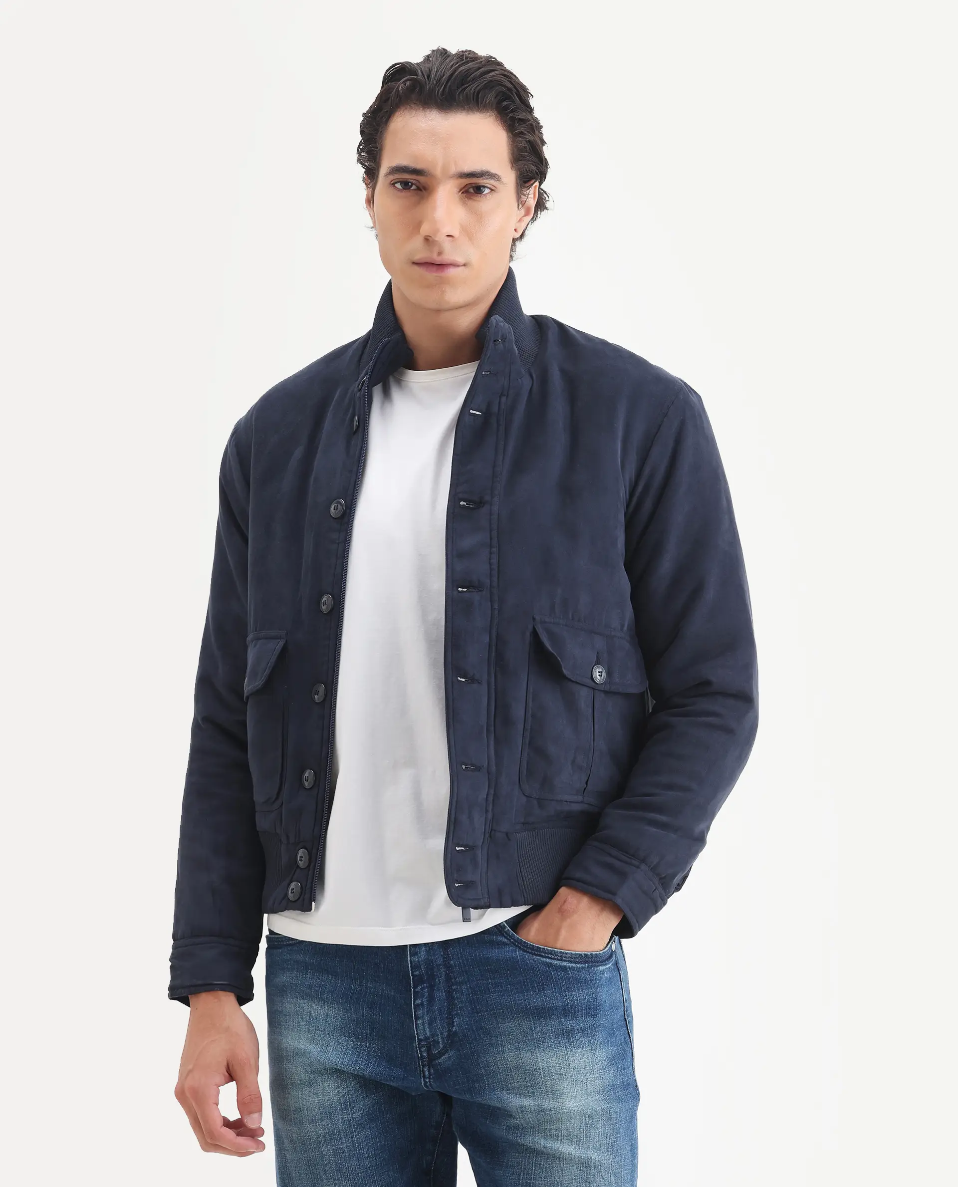 Rare Rabbit Men's Deue Navy Polyester Plain Regular Fit Full Sleeve Ribbed Collar Jacket - Image 4