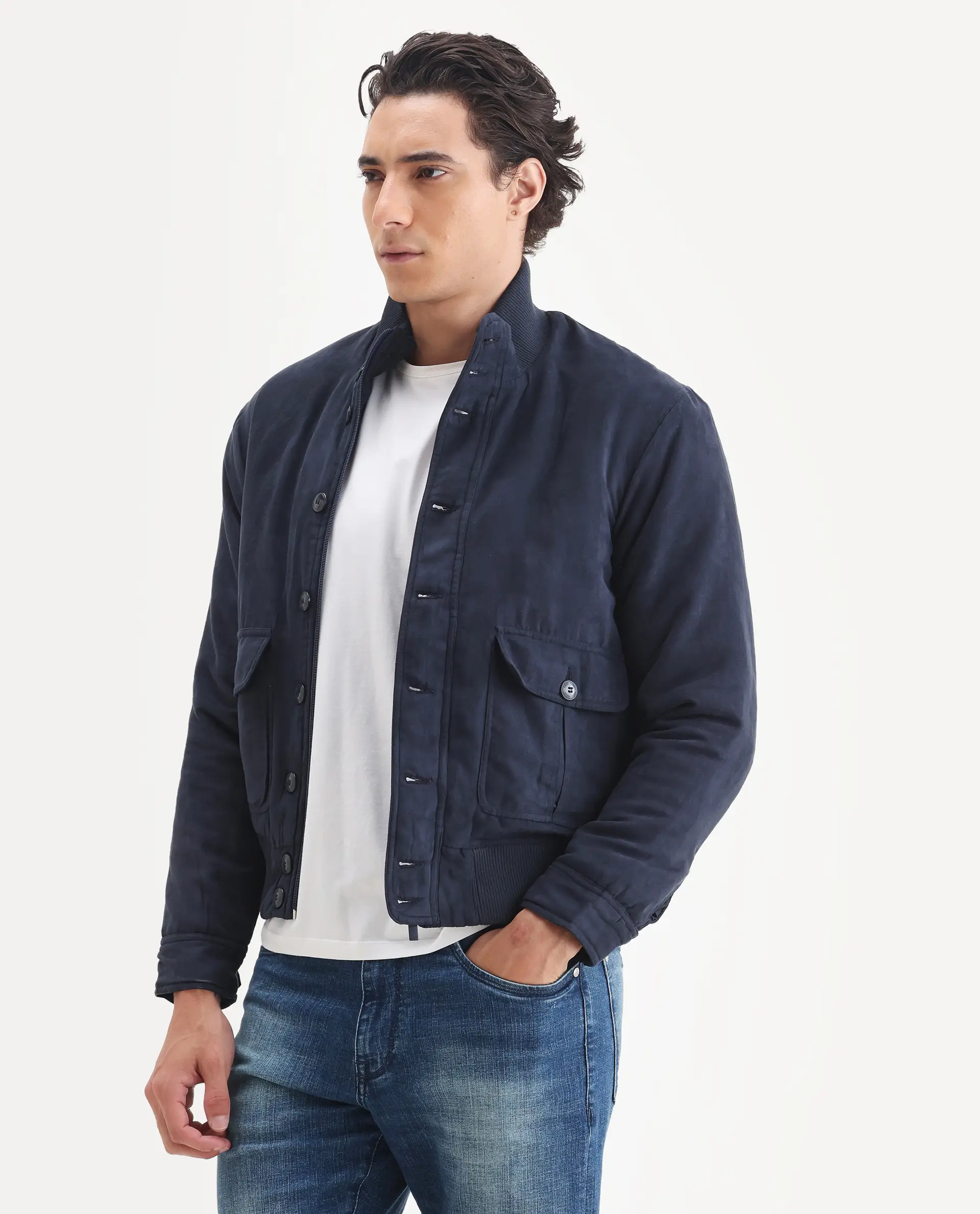 Rare Rabbit Men's Deue Navy Polyester Plain Regular Fit Full Sleeve Ribbed Collar Jacket - Image 5