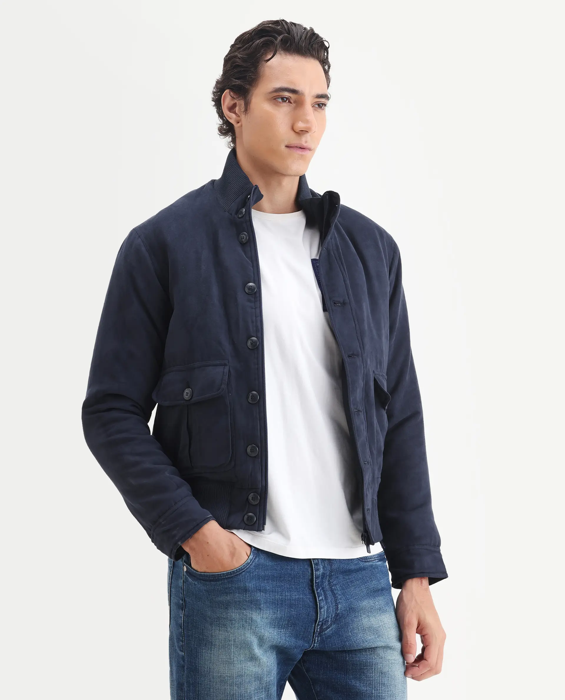 Rare Rabbit Men's Deue Navy Polyester Plain Regular Fit Full Sleeve Ribbed Collar Jacket - Image 6