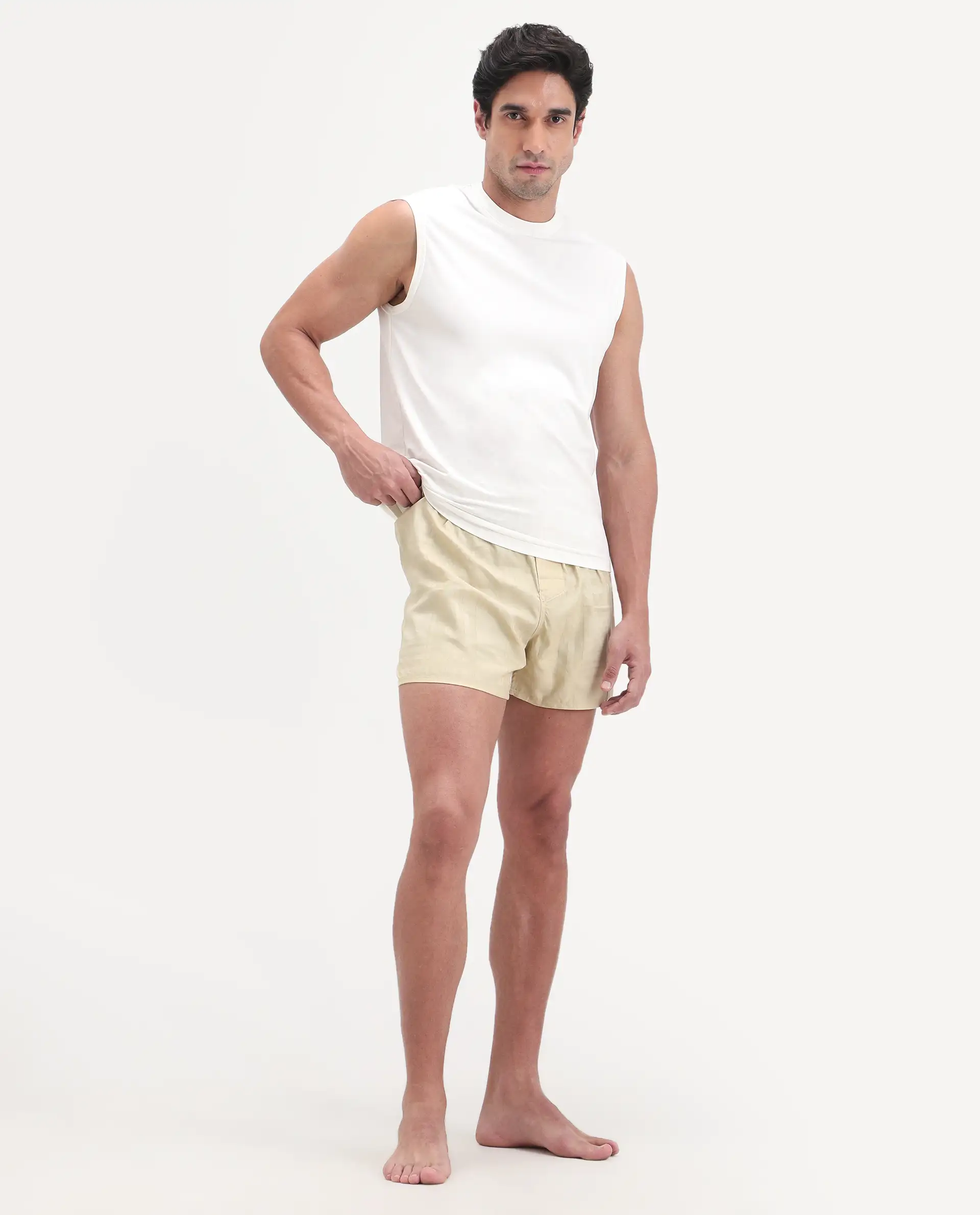 Rare Rabbit Men's Deval Beige Cotton Blend Fabric Regular Fit Checks Boxer - Image 3