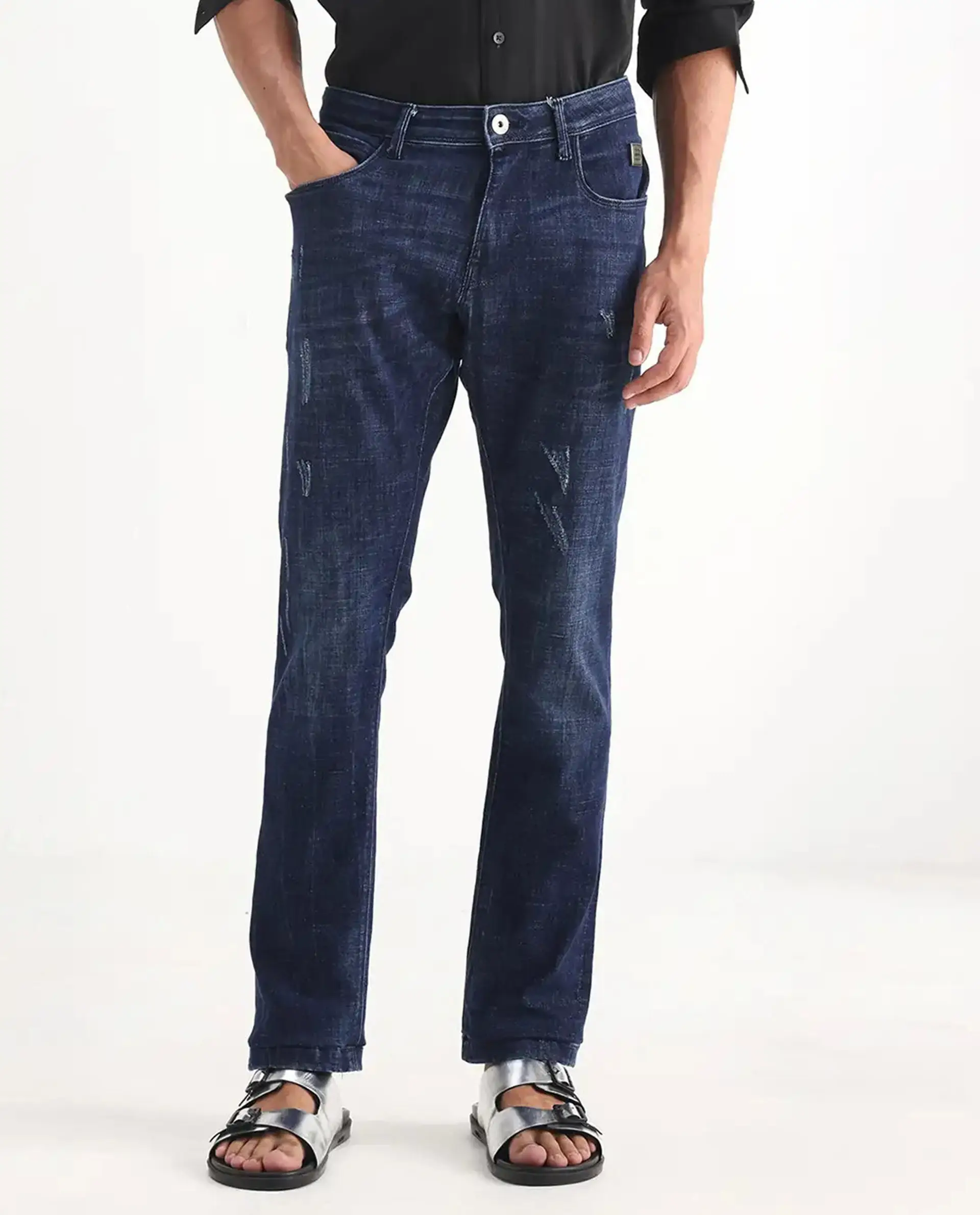 Rare Rabbit Men's Devin Blue Cotton Blend Plain Hawk Slim Fit Jeans - Image 10