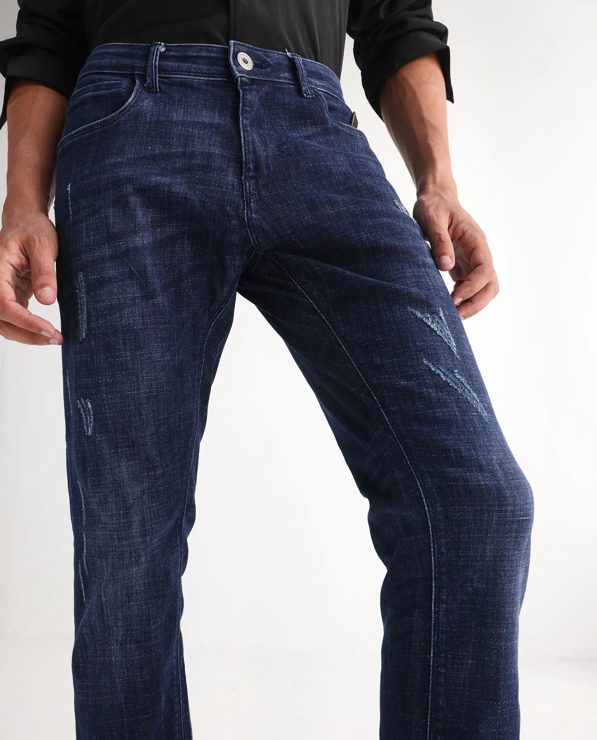 Rare Rabbit Men's Devin Blue Cotton Blend Plain Hawk Slim Fit Jeans - Image 2