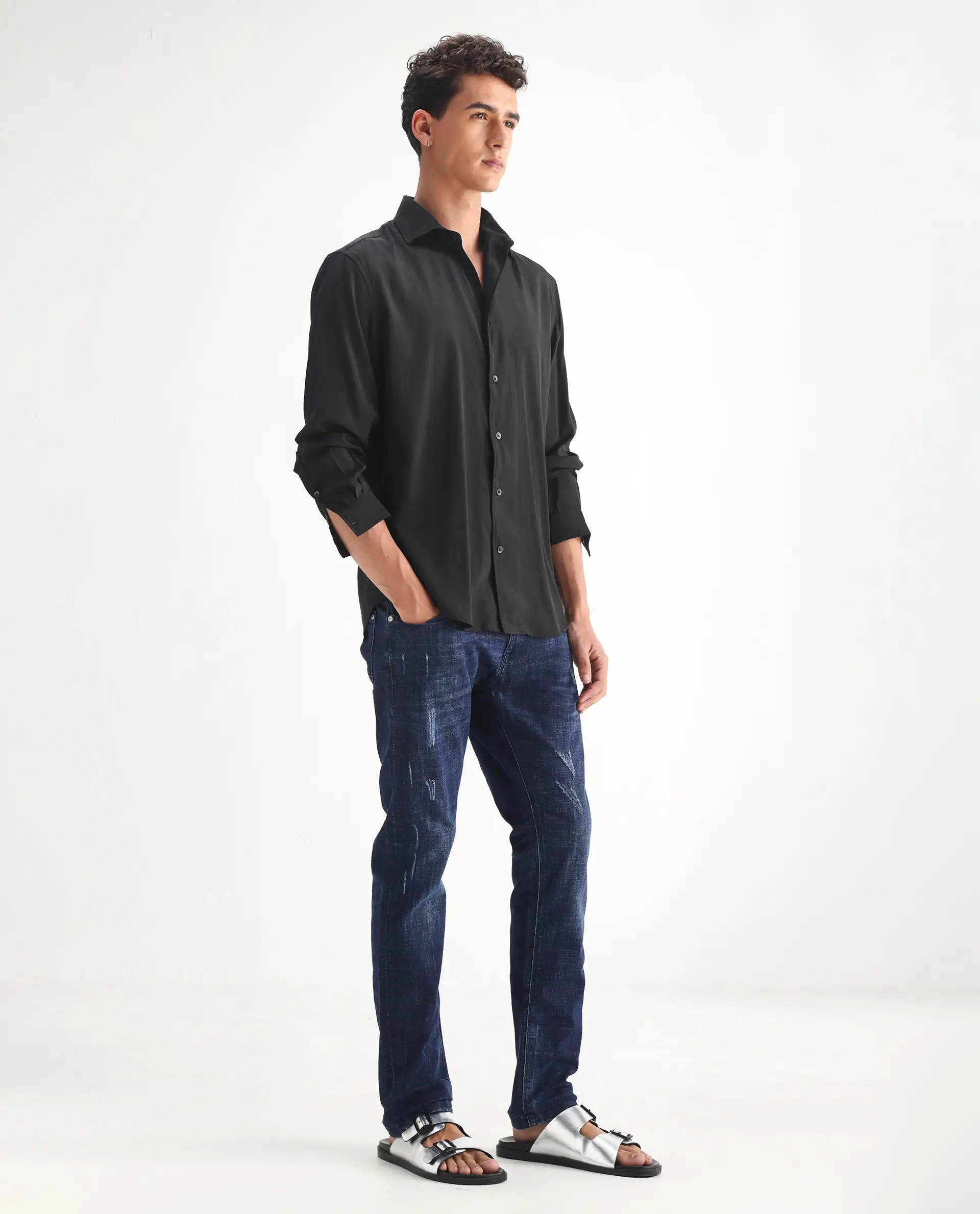 Rare Rabbit Men's Devin Blue Cotton Blend Plain Hawk Slim Fit Jeans - Image 3