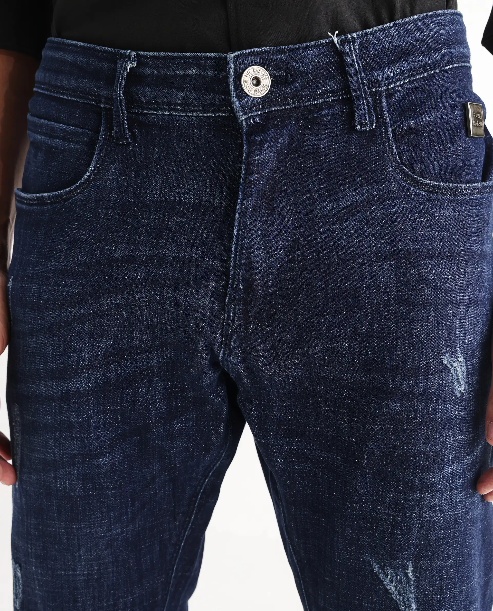Rare Rabbit Men's Devin Blue Cotton Blend Plain Hawk Slim Fit Jeans - Image 4