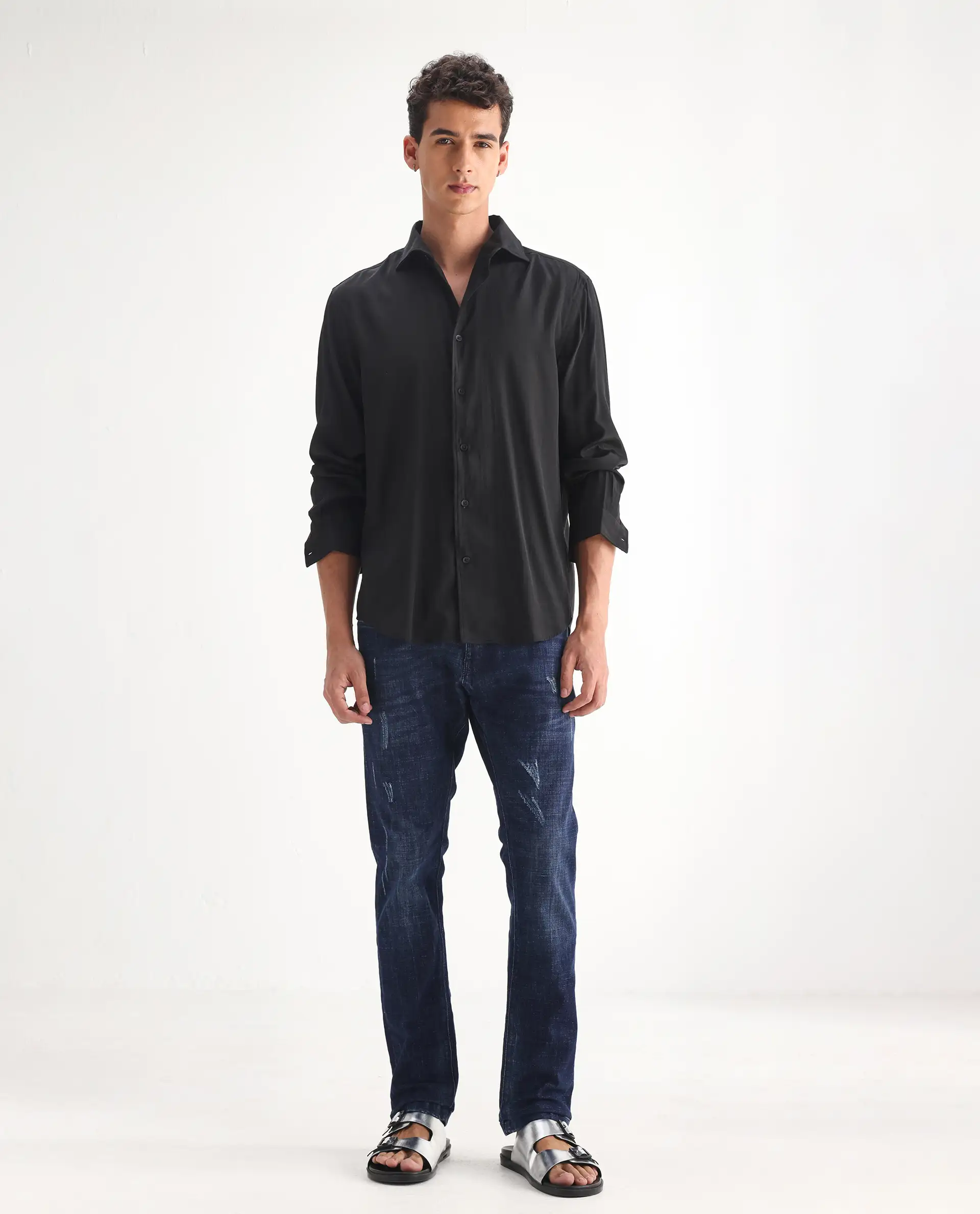 Rare Rabbit Men's Devin Blue Cotton Blend Plain Hawk Slim Fit Jeans - Image 6