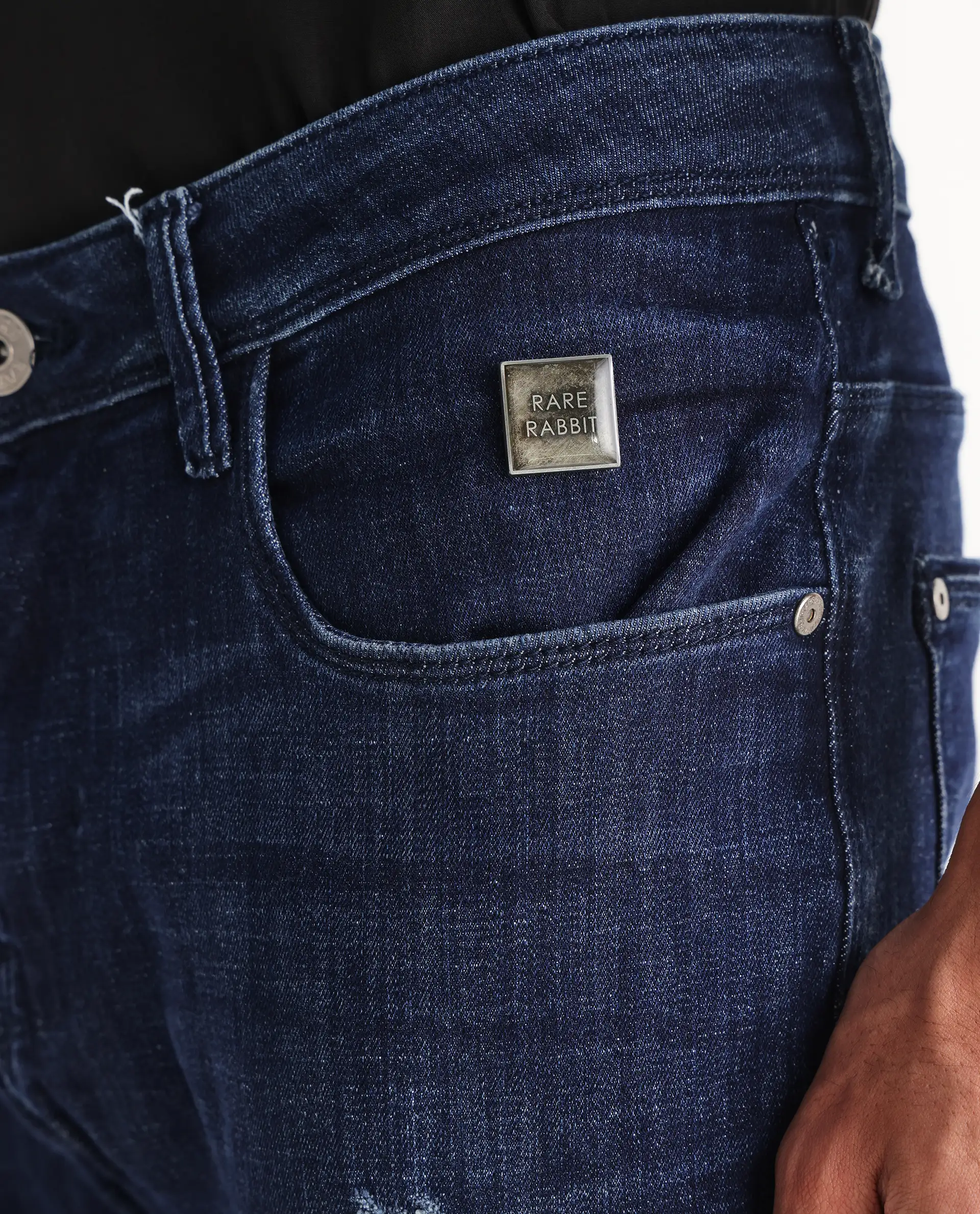 Rare Rabbit Men's Devin Blue Cotton Blend Plain Hawk Slim Fit Jeans - Image 7