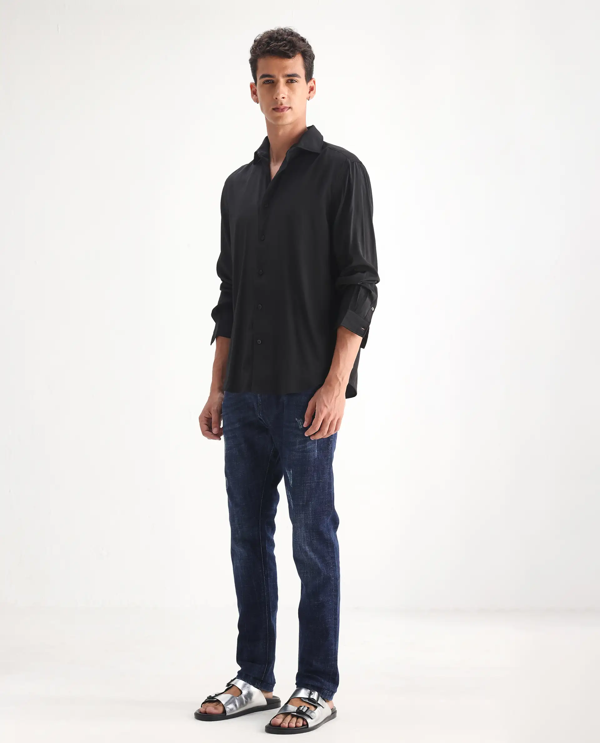 Rare Rabbit Men's Devin Blue Cotton Blend Plain Hawk Slim Fit Jeans - Image 8