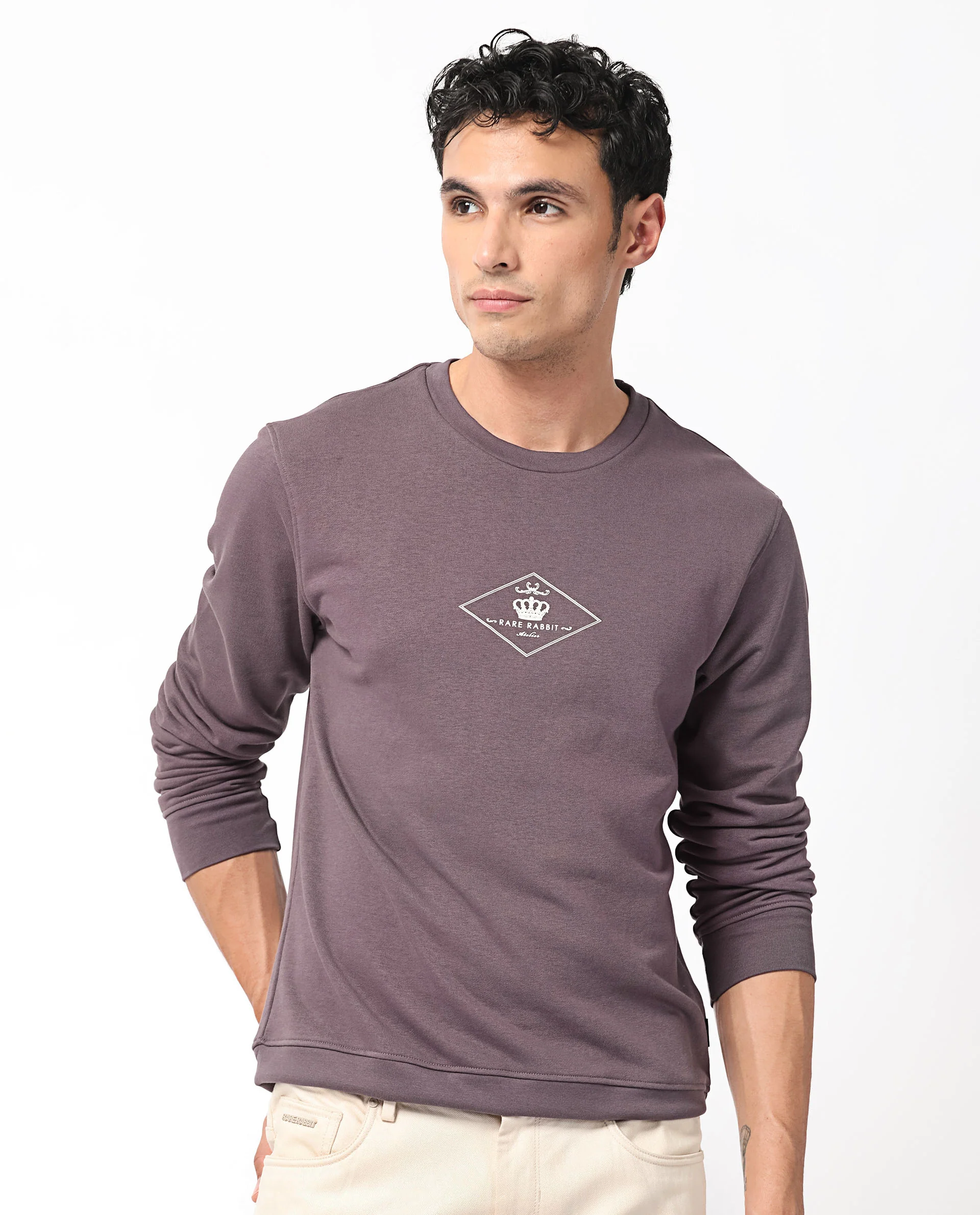 Rare Rabbit Men's Devonn Purple Cotton Graphic Print Regular Fit Full Sleeve Crew Neck Sweatshirt - Image 7