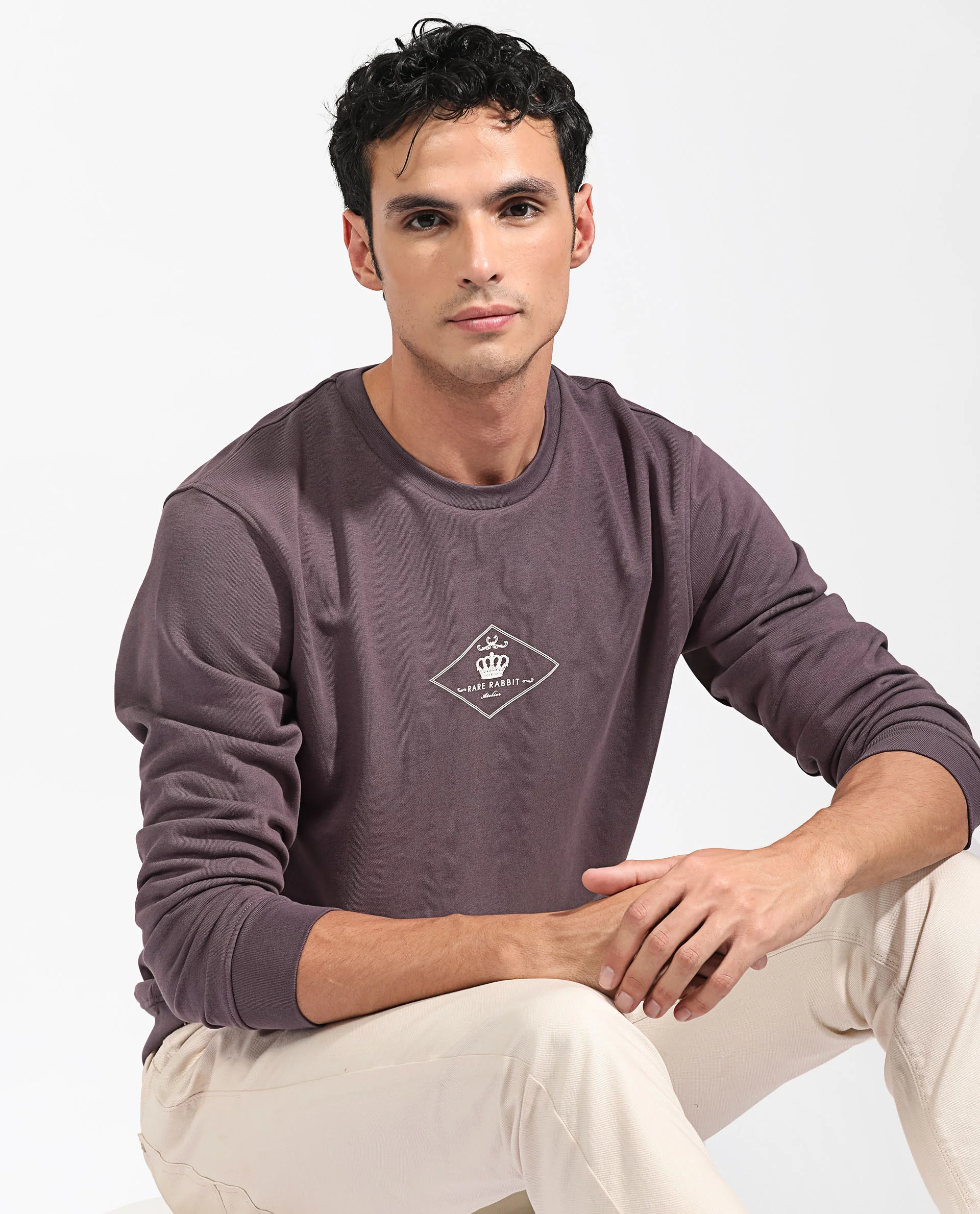 Rare Rabbit Men's Devonn Purple Cotton Graphic Print Regular Fit Full Sleeve Crew Neck Sweatshirt - Image 8