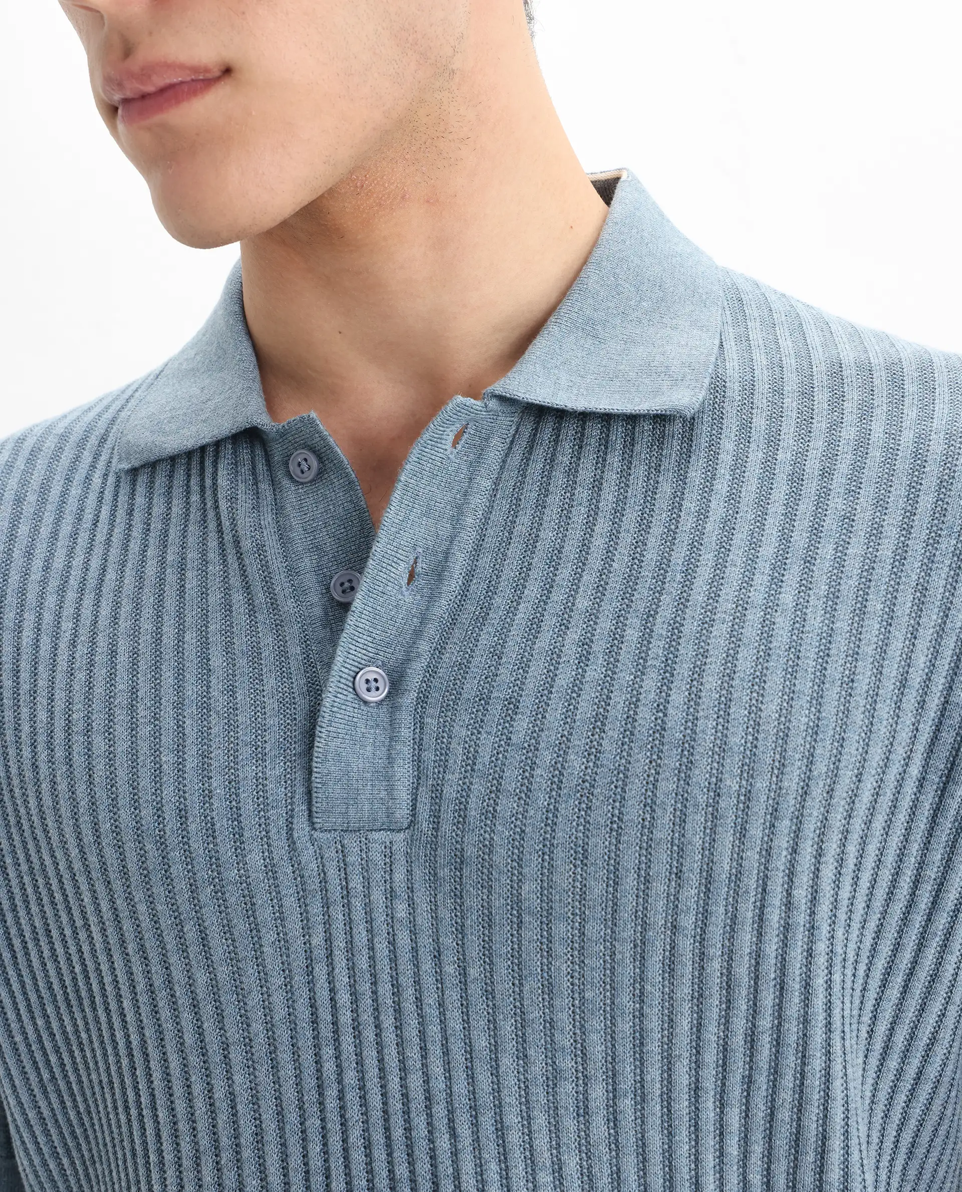 Rare Rabbit Men's Devr Dusky Blue Tencel Textured Regular Fit Half Sleeve Polo - Image 3