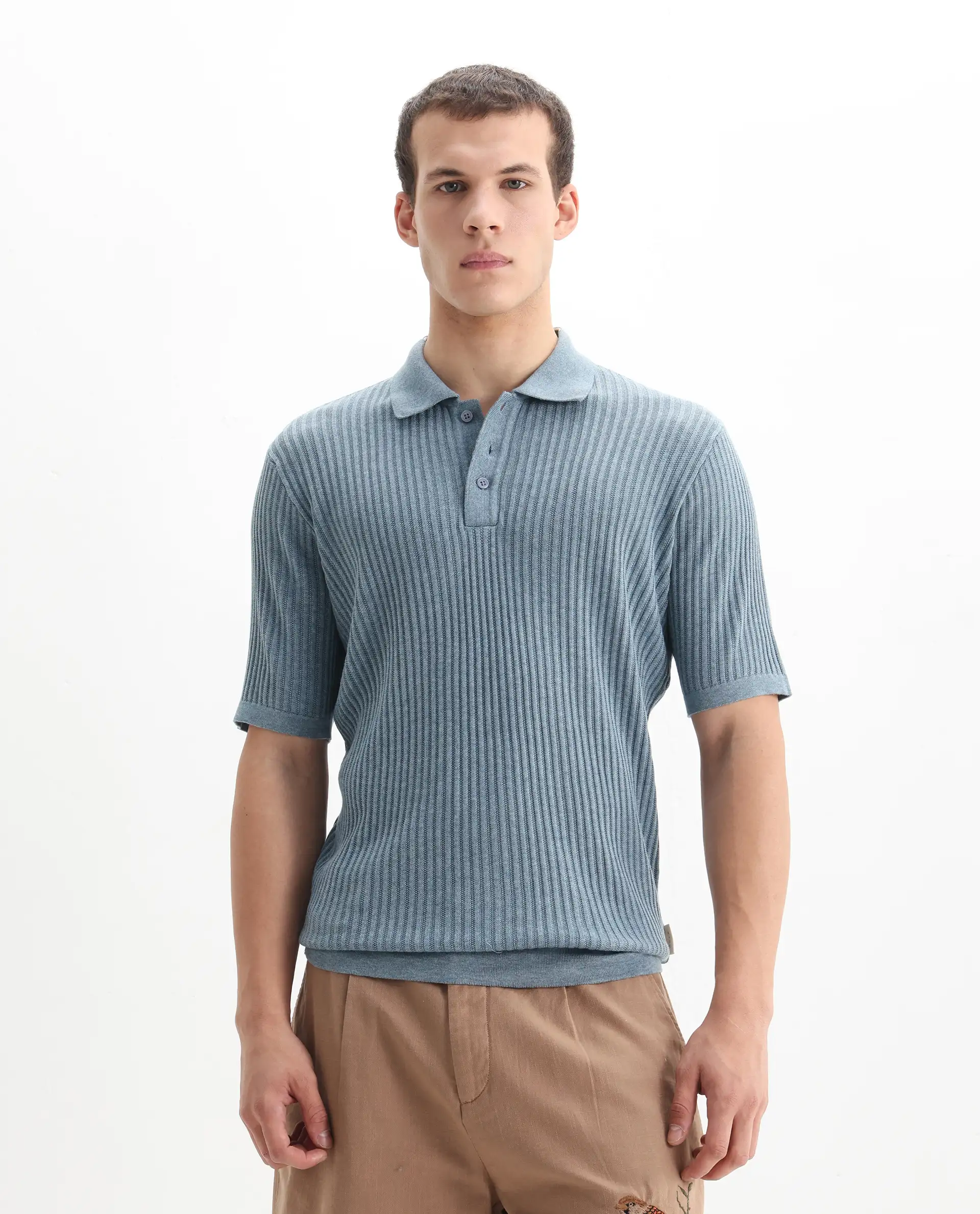 Rare Rabbit Men's Devr Dusky Blue Tencel Textured Regular Fit Half Sleeve Polo - Image 4