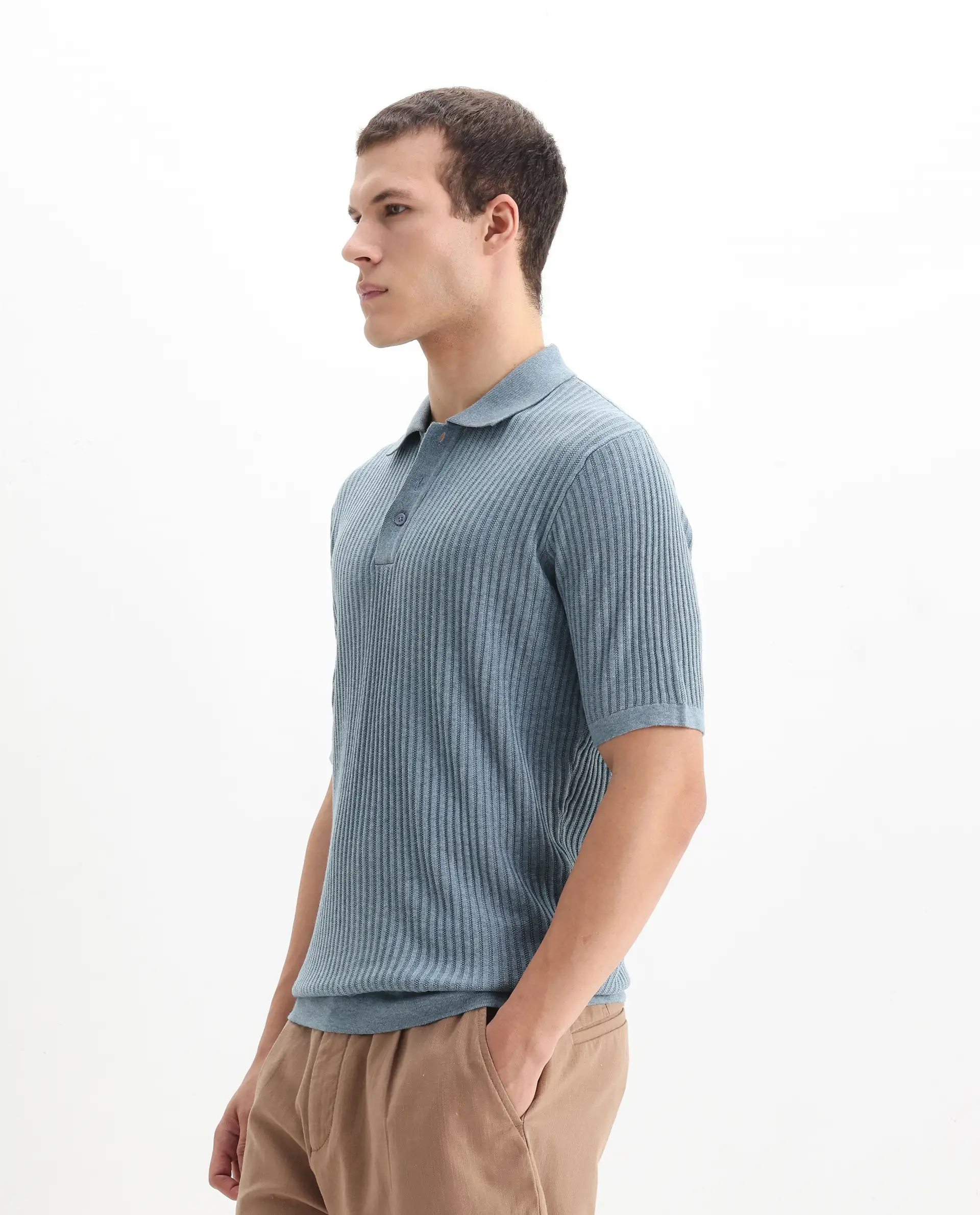 Rare Rabbit Men's Devr Dusky Blue Tencel Textured Regular Fit Half Sleeve Polo - Image 5