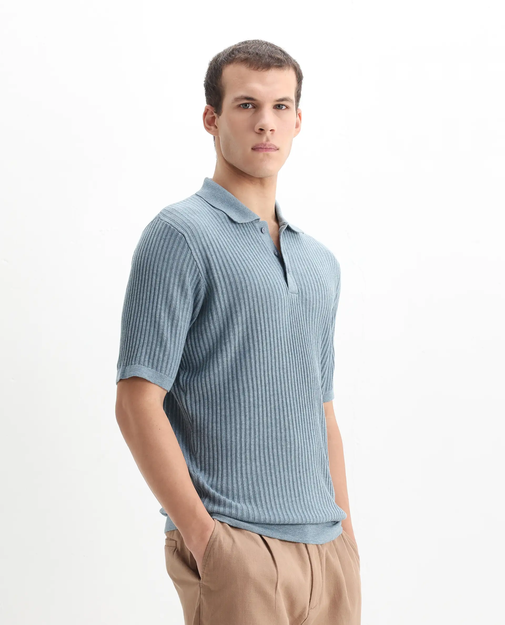 Rare Rabbit Men's Devr Dusky Blue Tencel Textured Regular Fit Half Sleeve Polo - Image 6