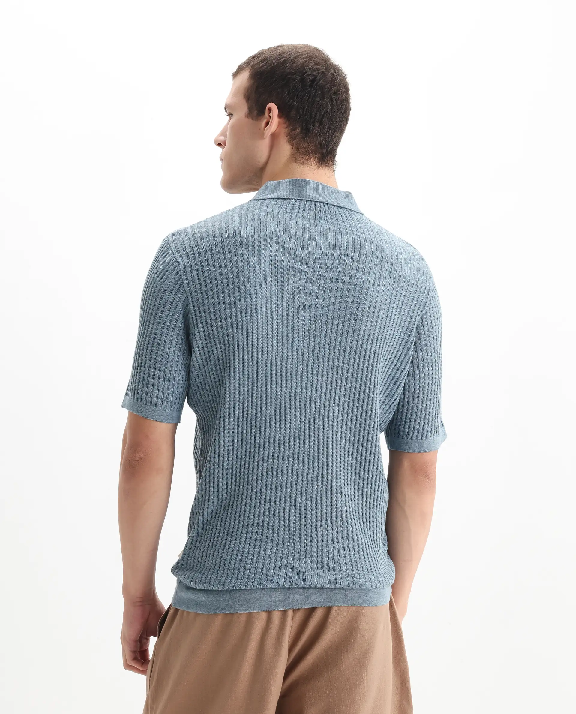 Rare Rabbit Men's Devr Dusky Blue Tencel Textured Regular Fit Half Sleeve Polo - Image 7
