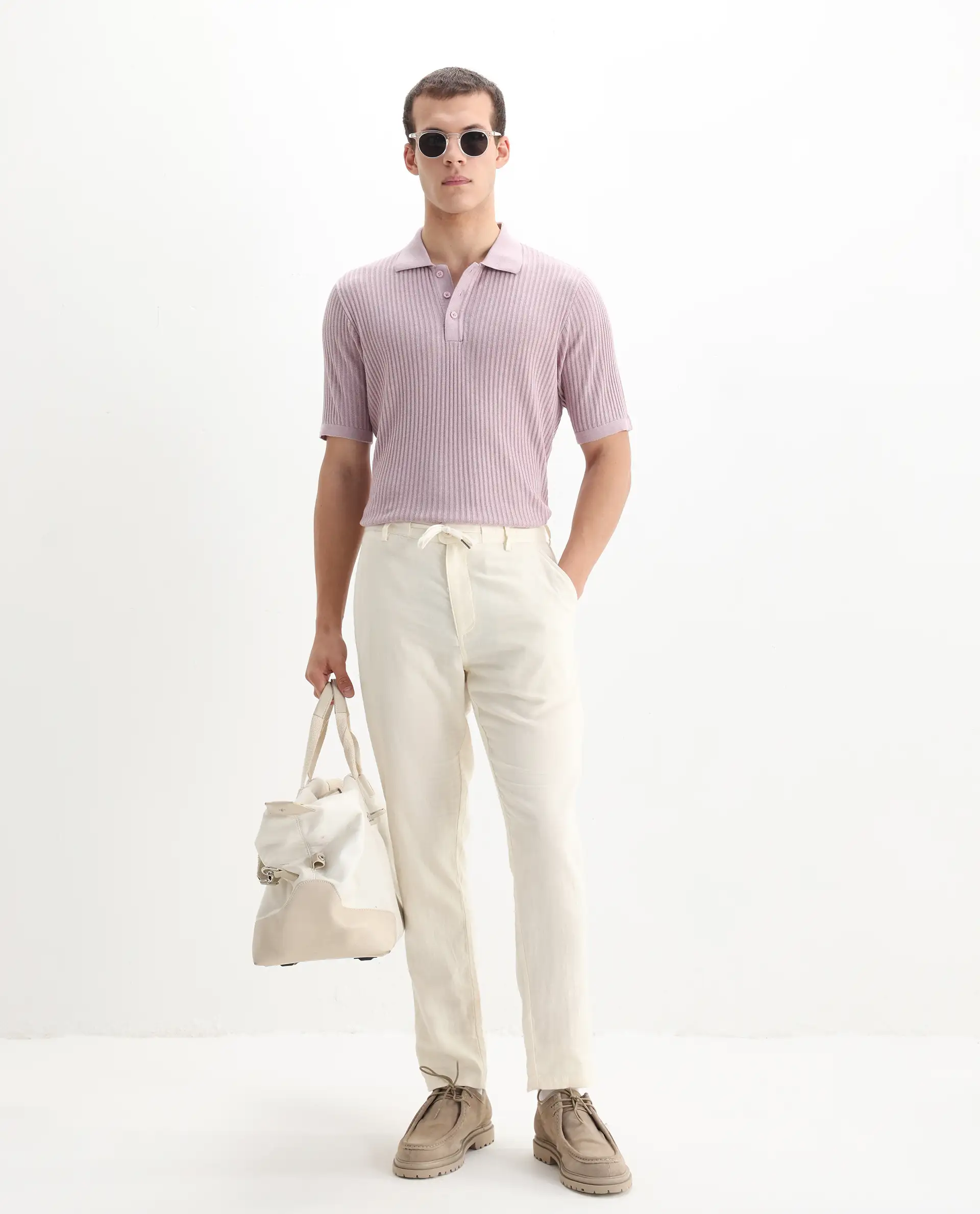 Rare Rabbit Men's Devr Dusky Pink Tencel Textured Regular Fit Half Sleeve Polo - Image 2