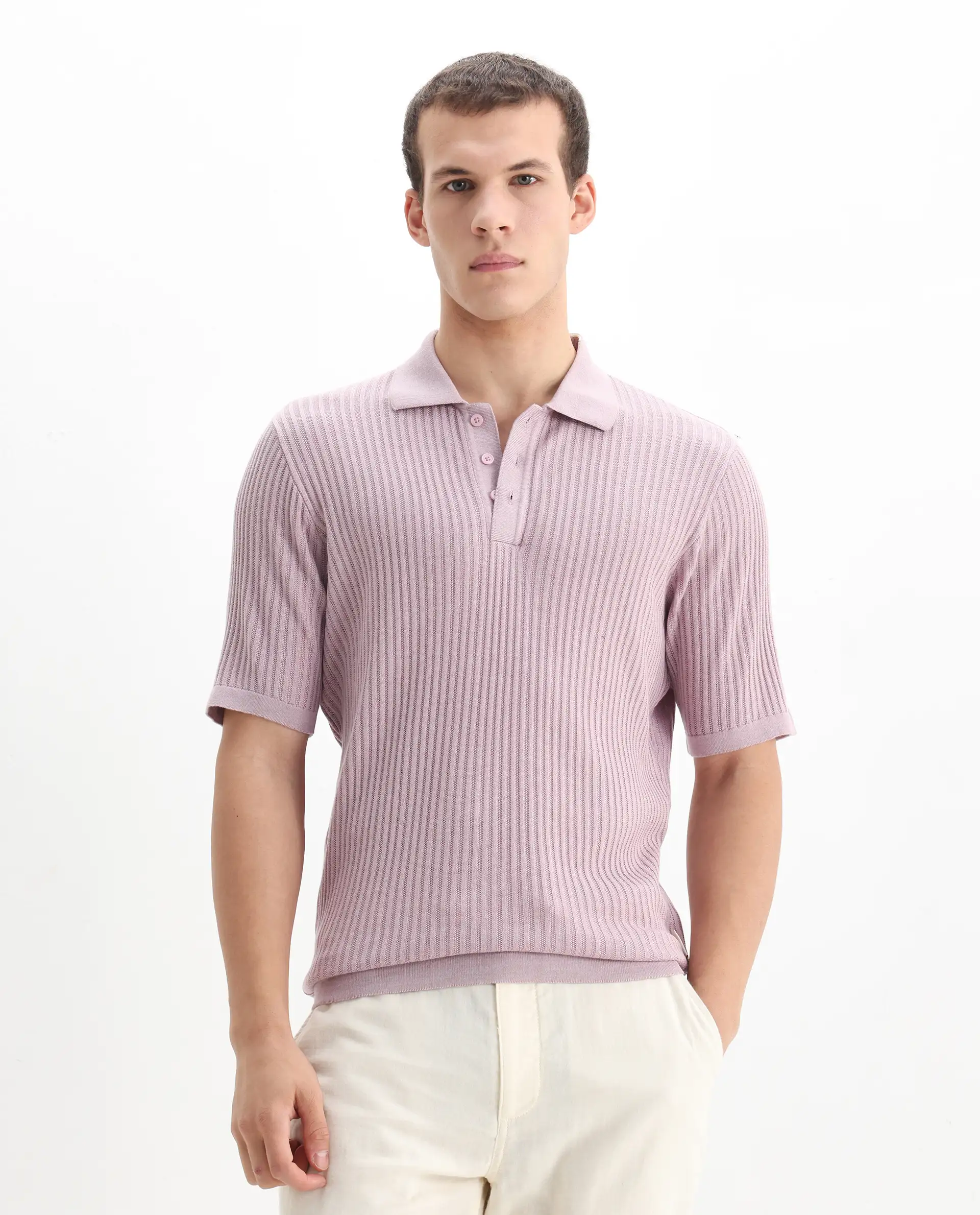 Rare Rabbit Men's Devr Dusky Pink Tencel Textured Regular Fit Half Sleeve Polo - Image 3