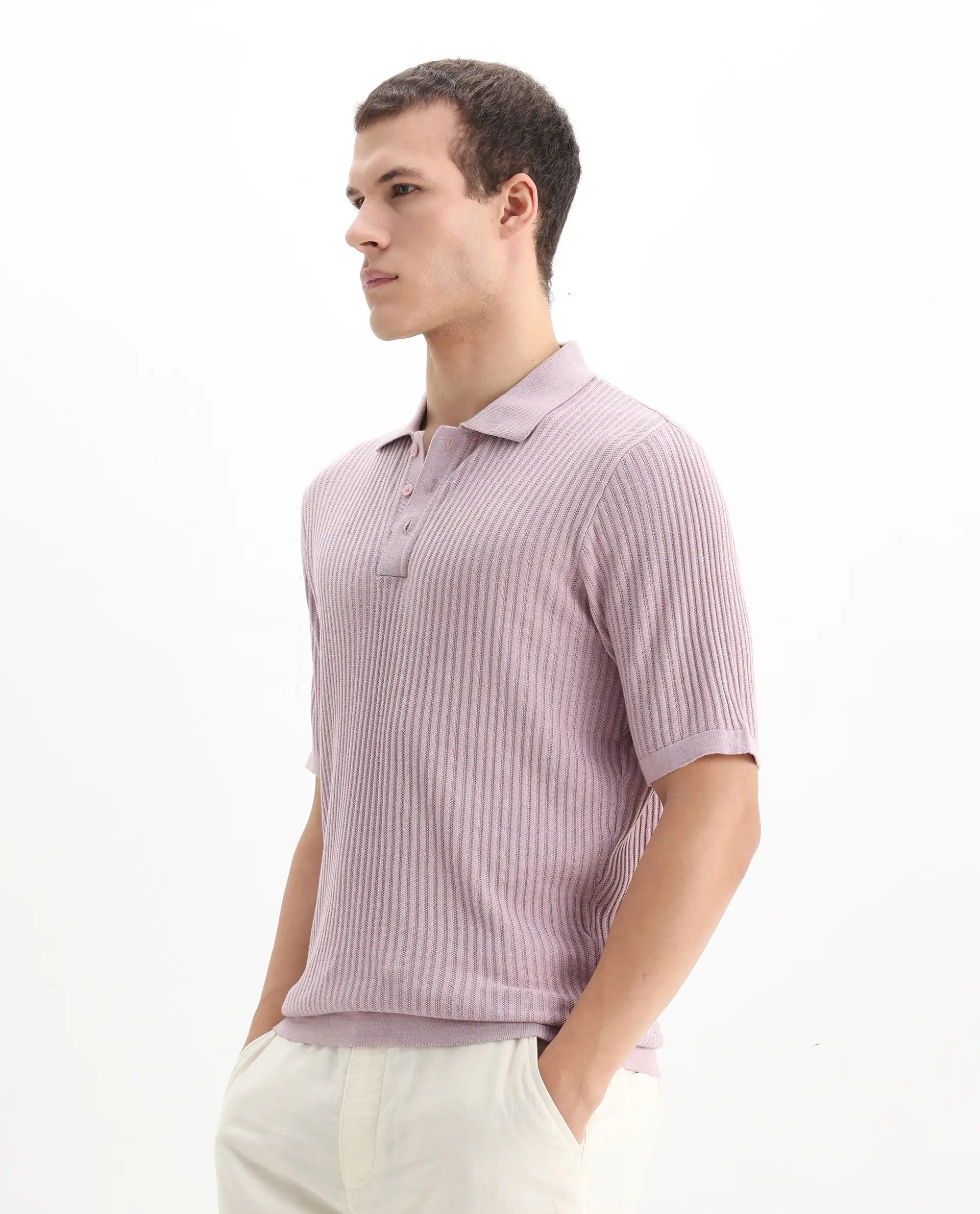 Rare Rabbit Men's Devr Dusky Pink Tencel Textured Regular Fit Half Sleeve Polo - Image 4