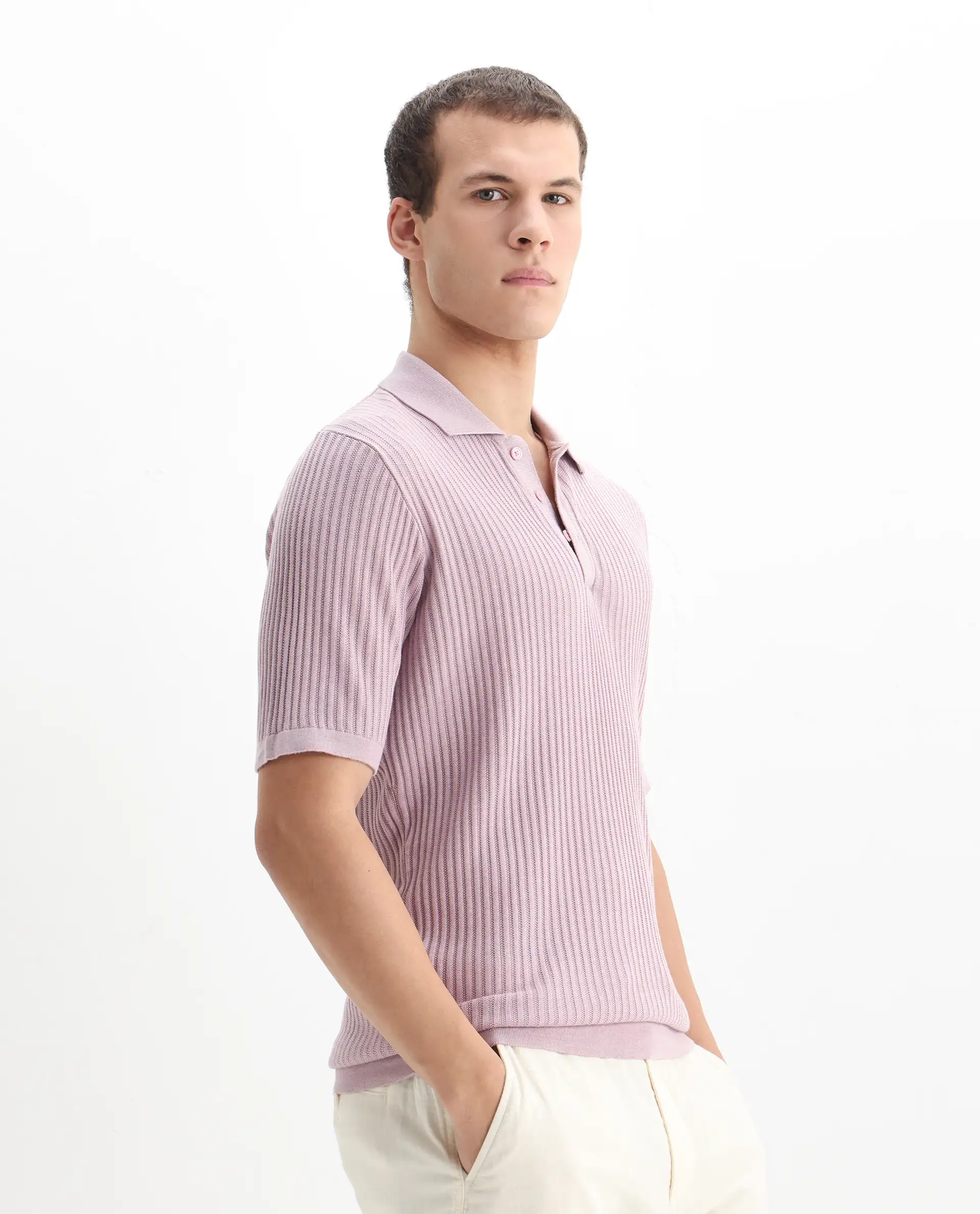 Rare Rabbit Men's Devr Dusky Pink Tencel Textured Regular Fit Half Sleeve Polo - Image 5