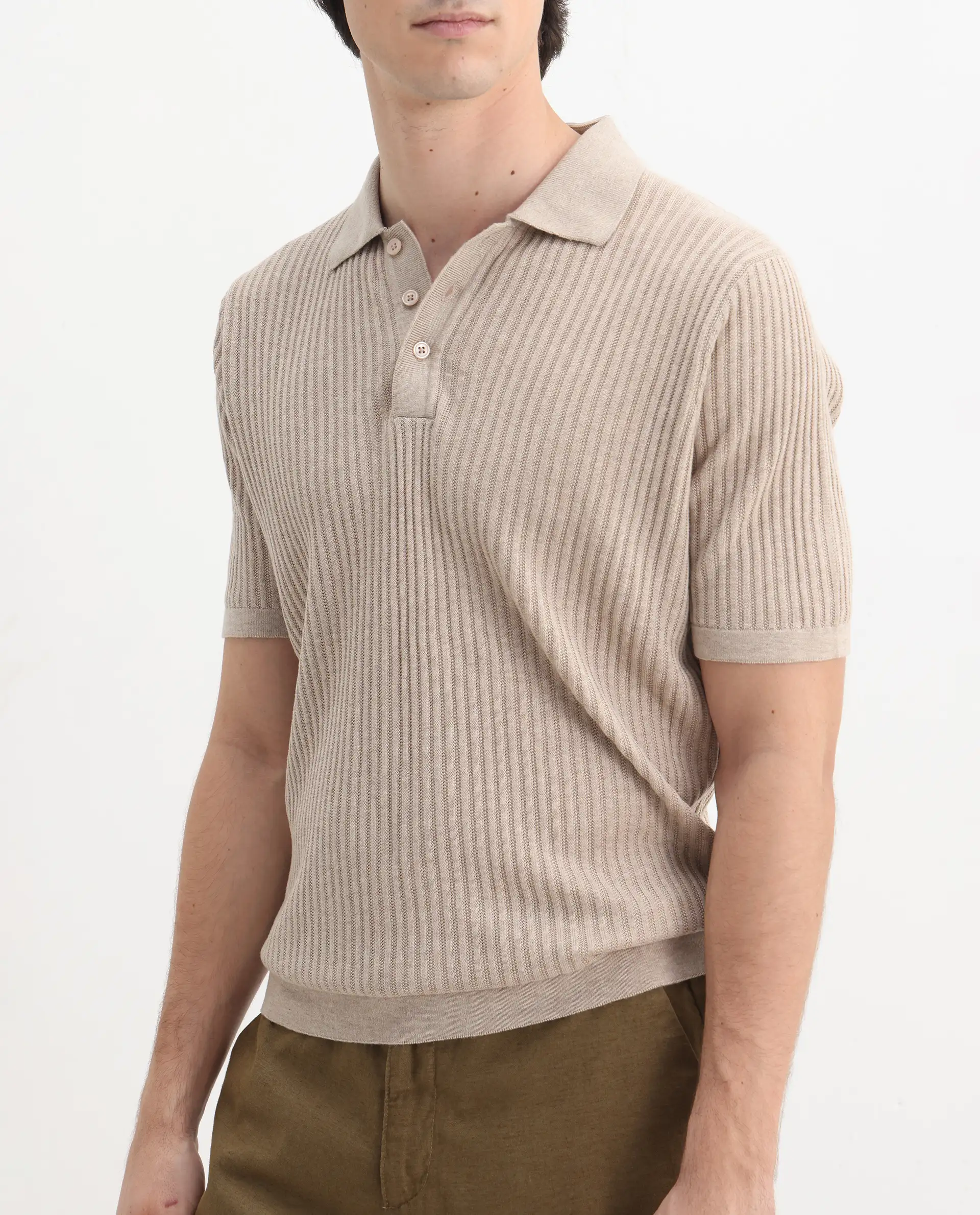 Rare Rabbit Men's Devr Khaki Tencel Textured Regular Fit Half Sleeve Polo - Image 3