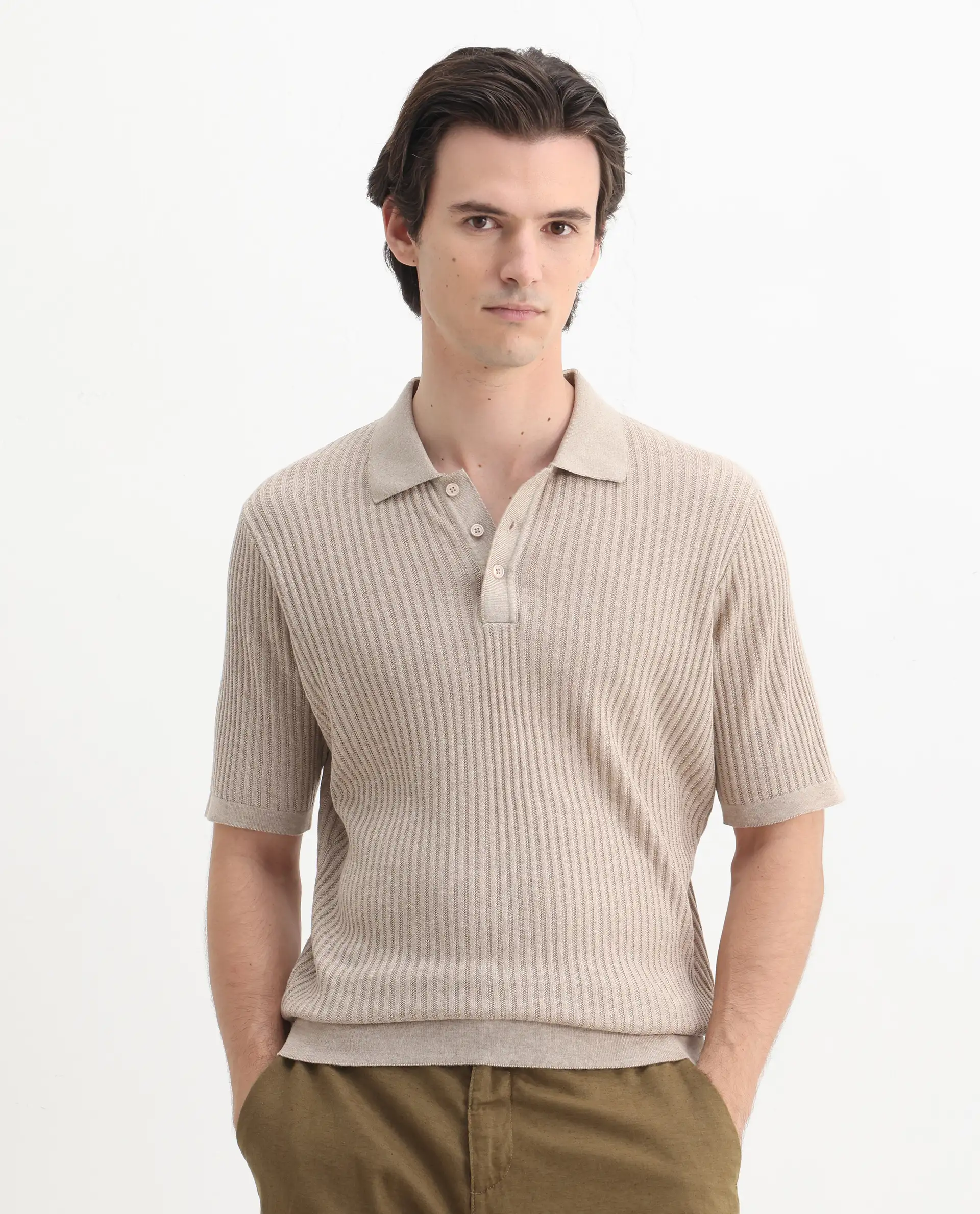 Rare Rabbit Men's Devr Khaki Tencel Textured Regular Fit Half Sleeve Polo - Image 4