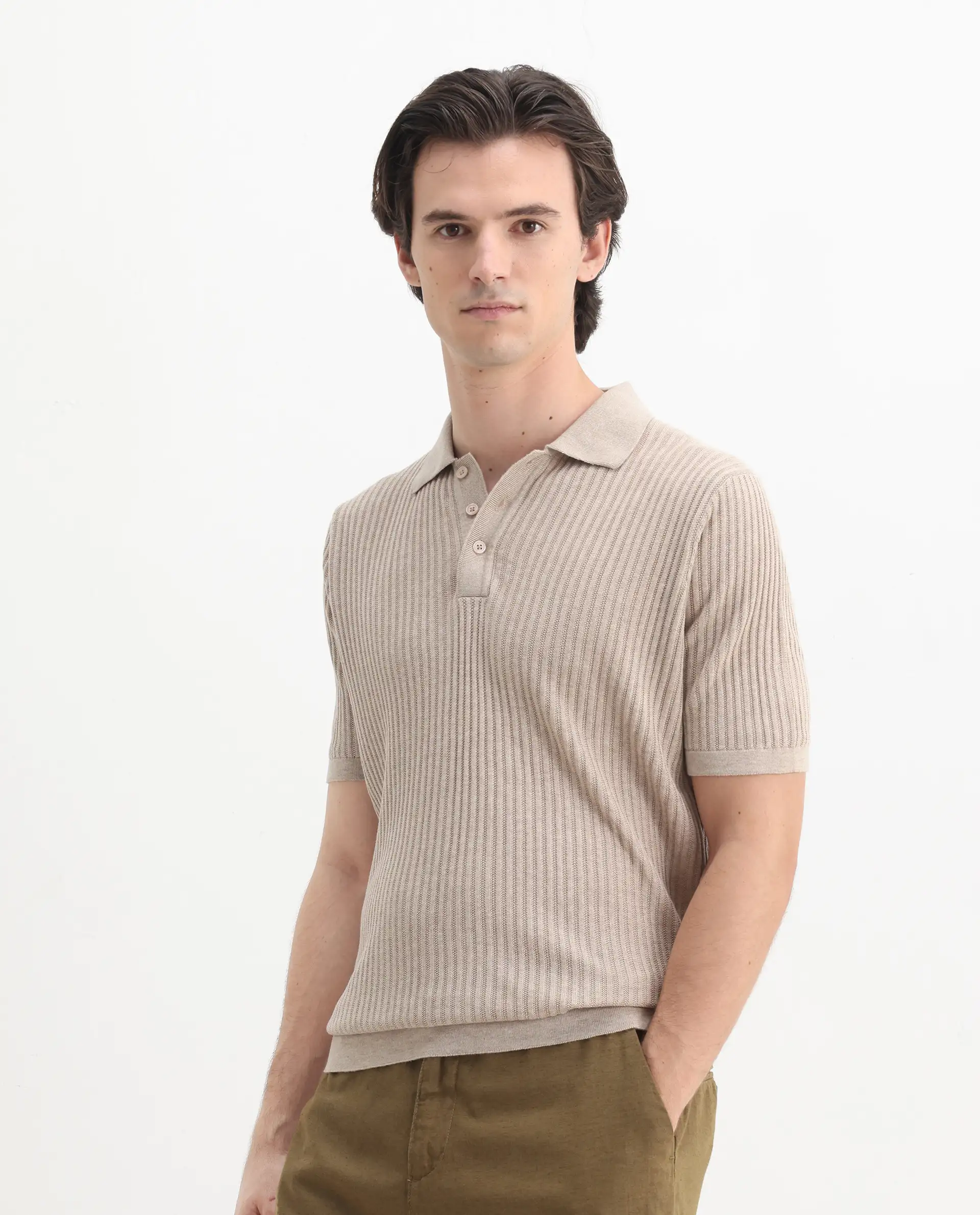 Rare Rabbit Men's Devr Khaki Tencel Textured Regular Fit Half Sleeve Polo - Image 5
