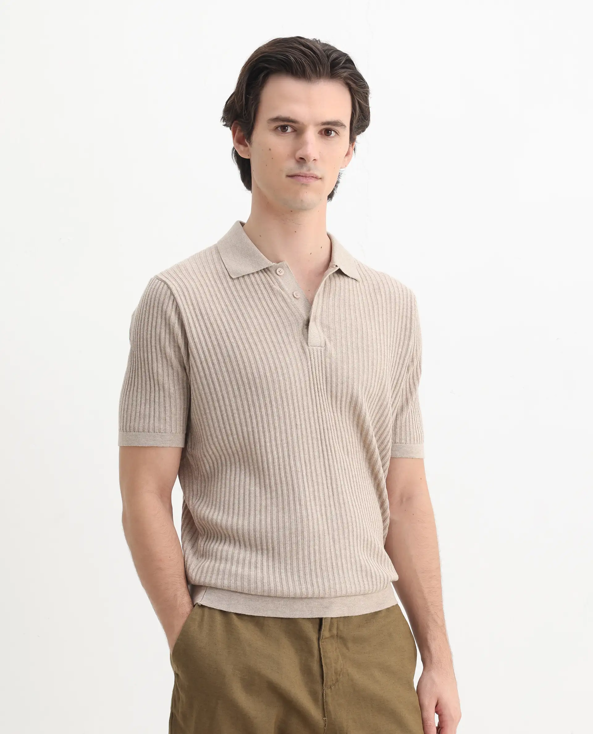 Rare Rabbit Men's Devr Khaki Tencel Textured Regular Fit Half Sleeve Polo - Image 6