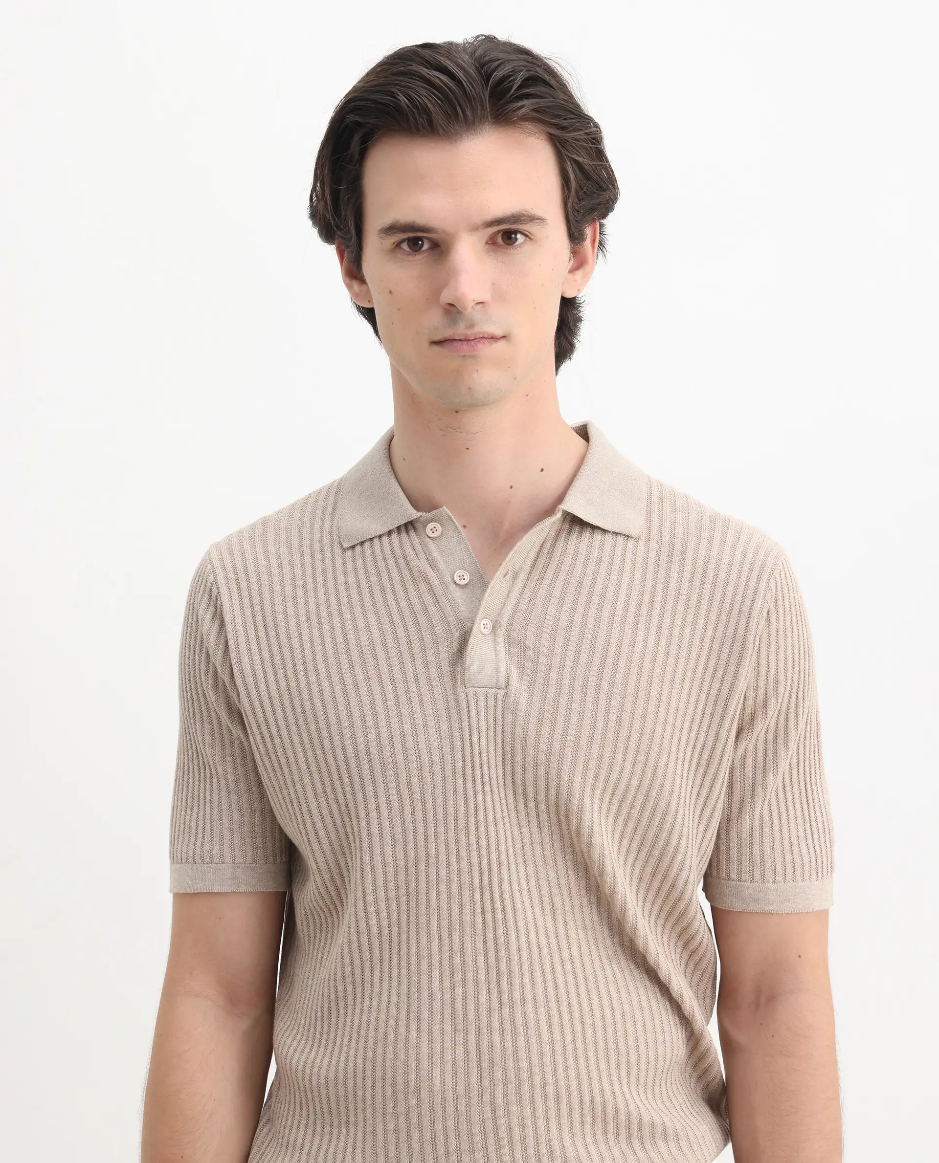 Rare Rabbit Men's Devr Khaki Tencel Textured Regular Fit Half Sleeve Polo - Image 7